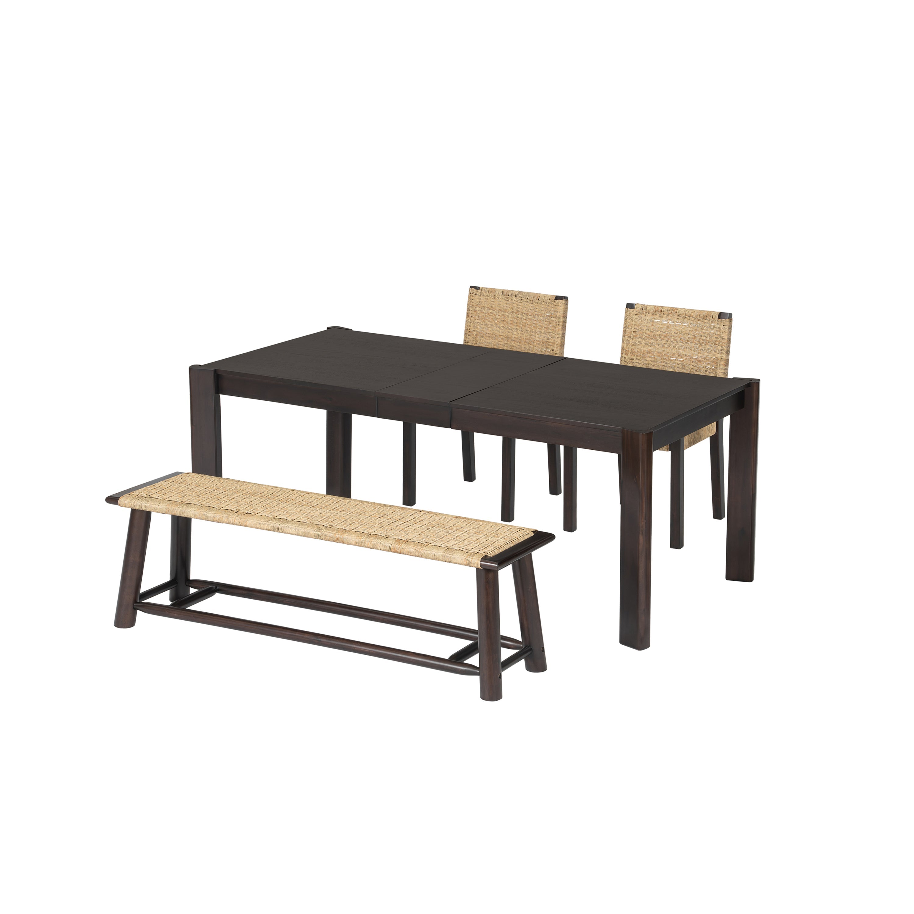 Modern Farmhouse Extendable Dining Table Set with Solid Wood Rattan Chairs – Expandable 59' to 73' for 4-8 Guests in Walnut & Champagne