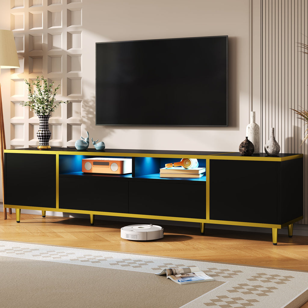 U-Can 70.9'' Modern TV Stand for TVs up to 80 Inches, Entertainment Center with 2 Shelves and  LED Lights, TV Storage Cabinet with 2 Drawers, 2 Cabinets and Metal Legs for Living room