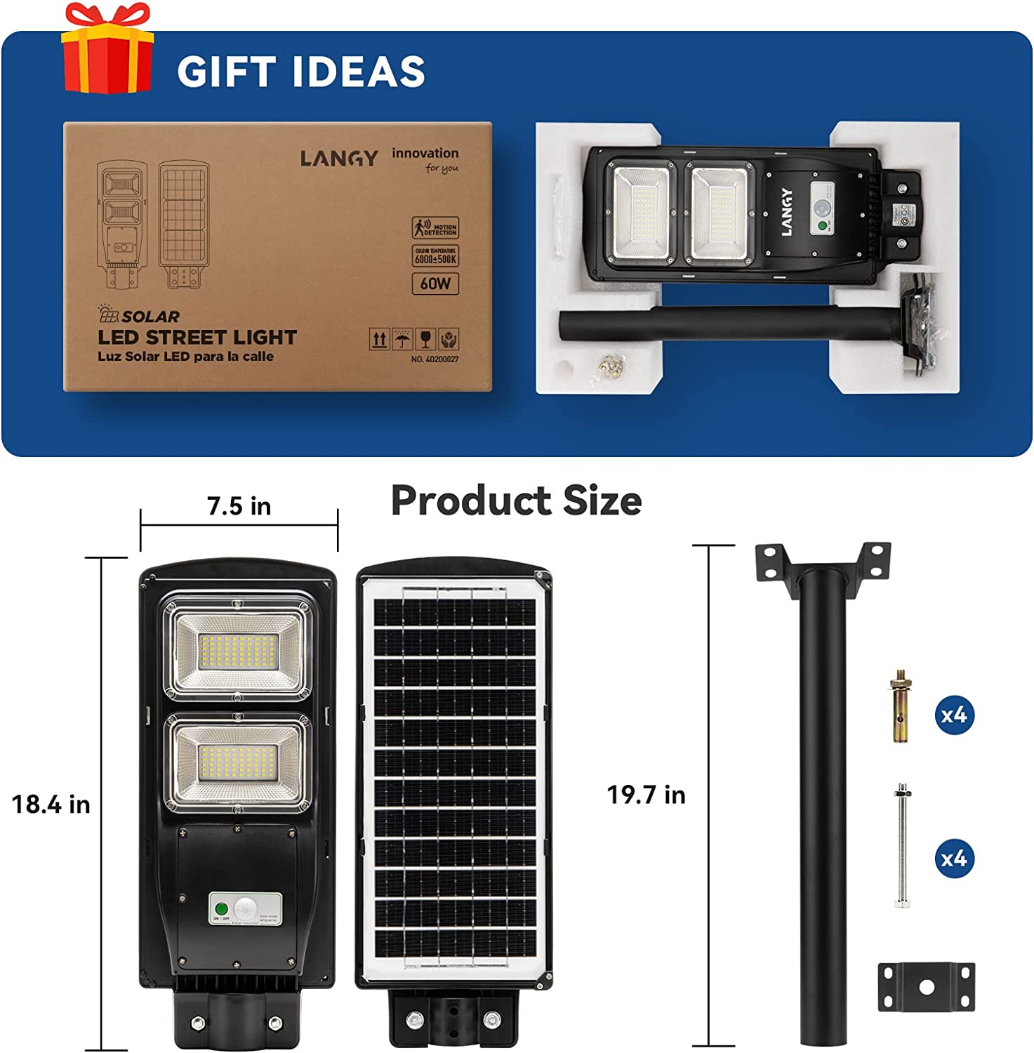 4 PACK 60W solar street light 6000 lumens