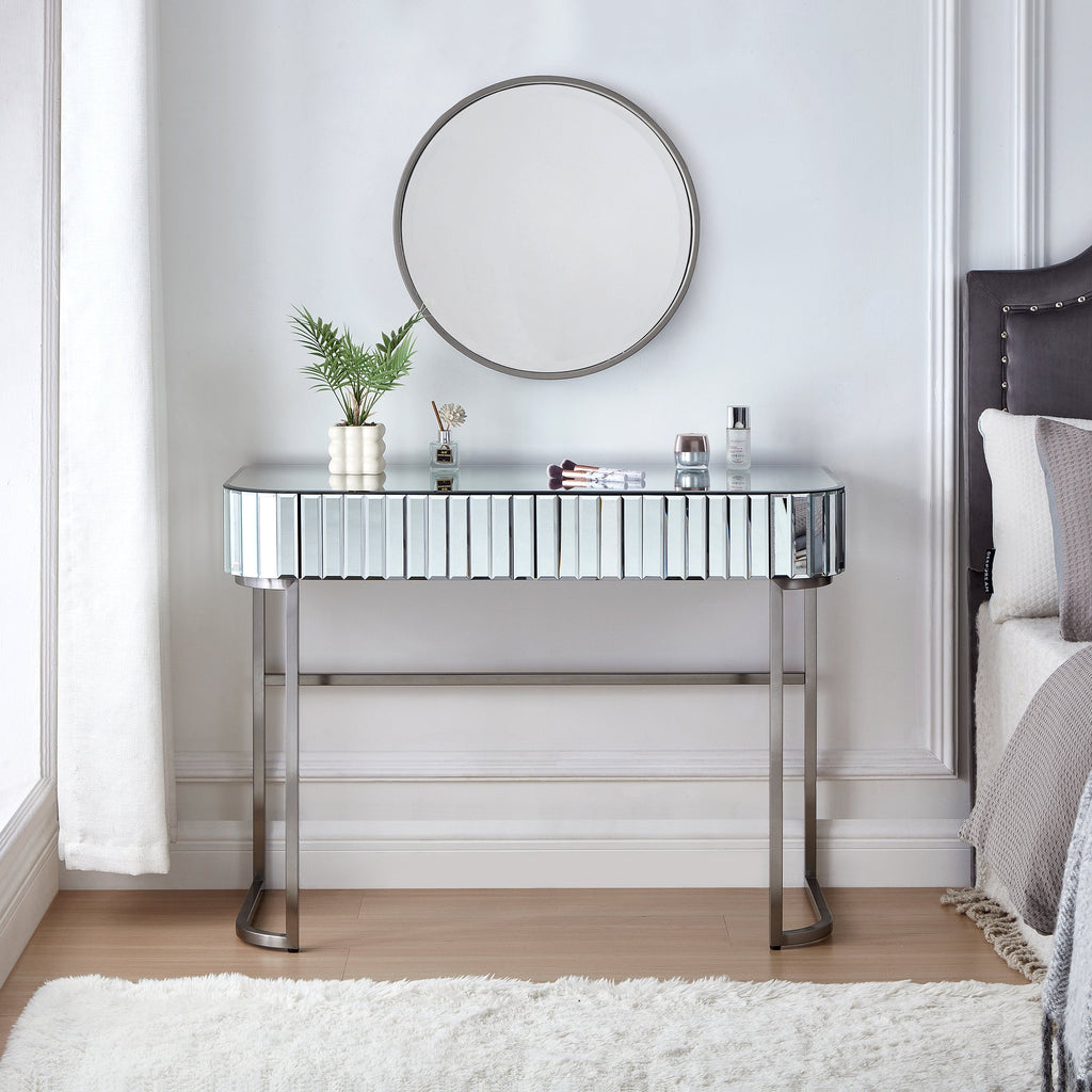 39' Mirrored Makeup Vanity Table with Stainless Steel Base, Mirrored Console Dressing Table with 2 Drawers,Versatile Desk for Bedroom and Office, Silver