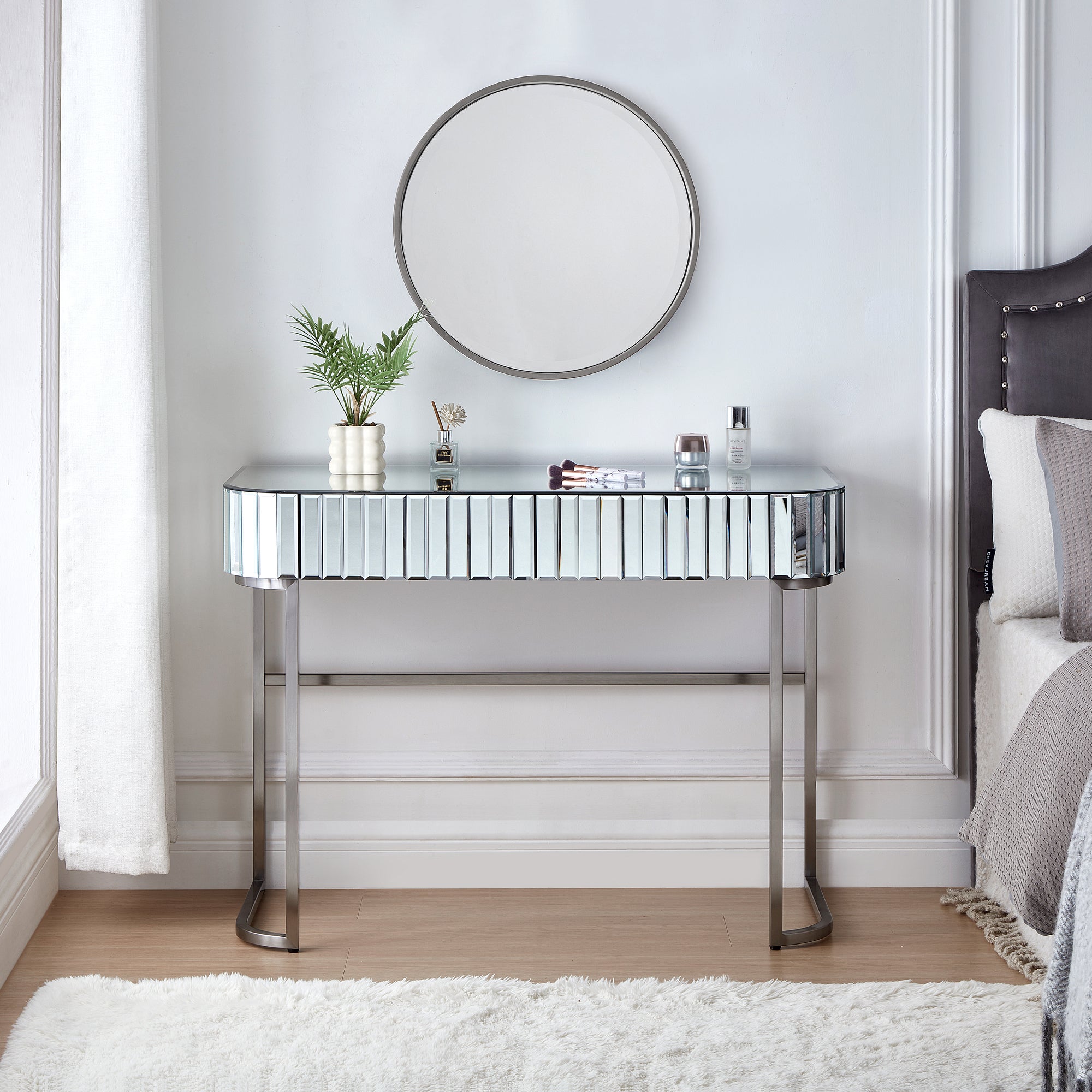 39' Mirrored Makeup Vanity Table with Stainless Steel Base, Mirrored Console Dressing Table with 2 Drawers,Versatile Desk for Bedroom and Office, Silver