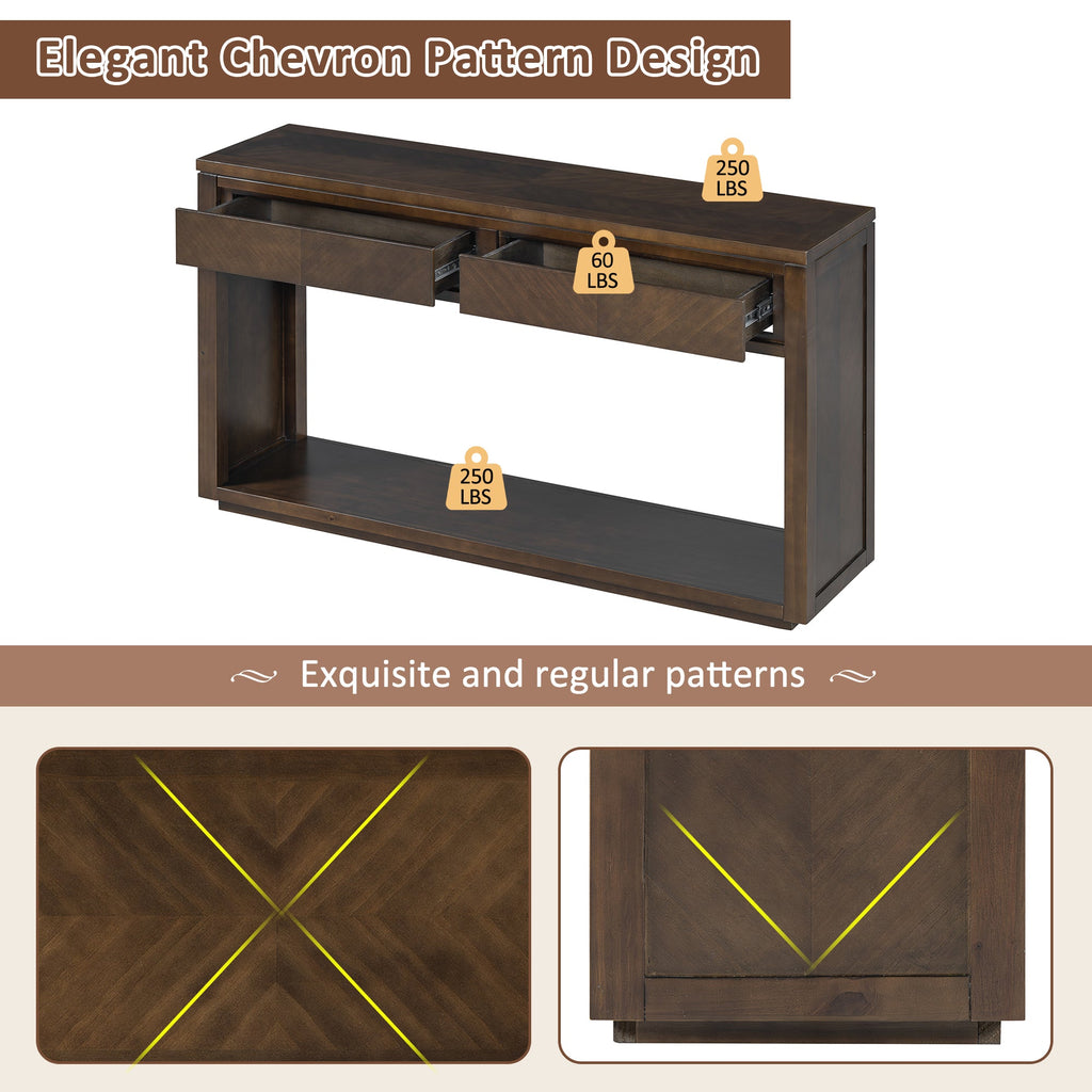 TREXM 55' Console Table, Rustic Wooden Entryway Table with Storage Drawers and Open Shelf, Elegant Sofa Table for Hallway and Living Room (Brown)