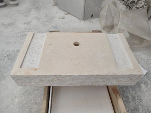 Troia Light Travertine rectangular wall-mount bathroom sink by Villohome, beige stone with centered drain hole