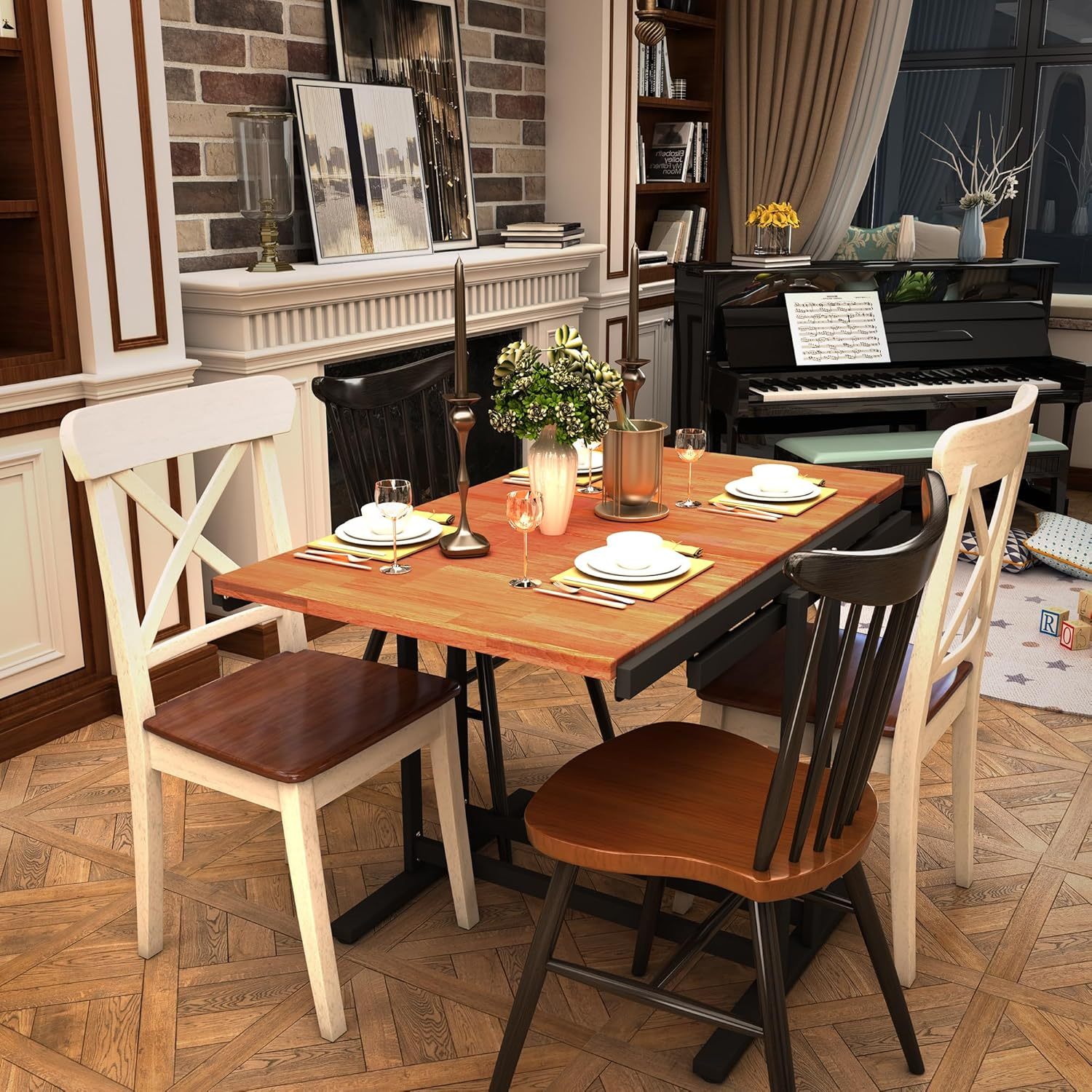 Extendable Dining Table Convertible 2 in 1 Shelf to Table with Metal Frame Industrial and Rustic Style for Small Spaces, Kitchen & Dining Room