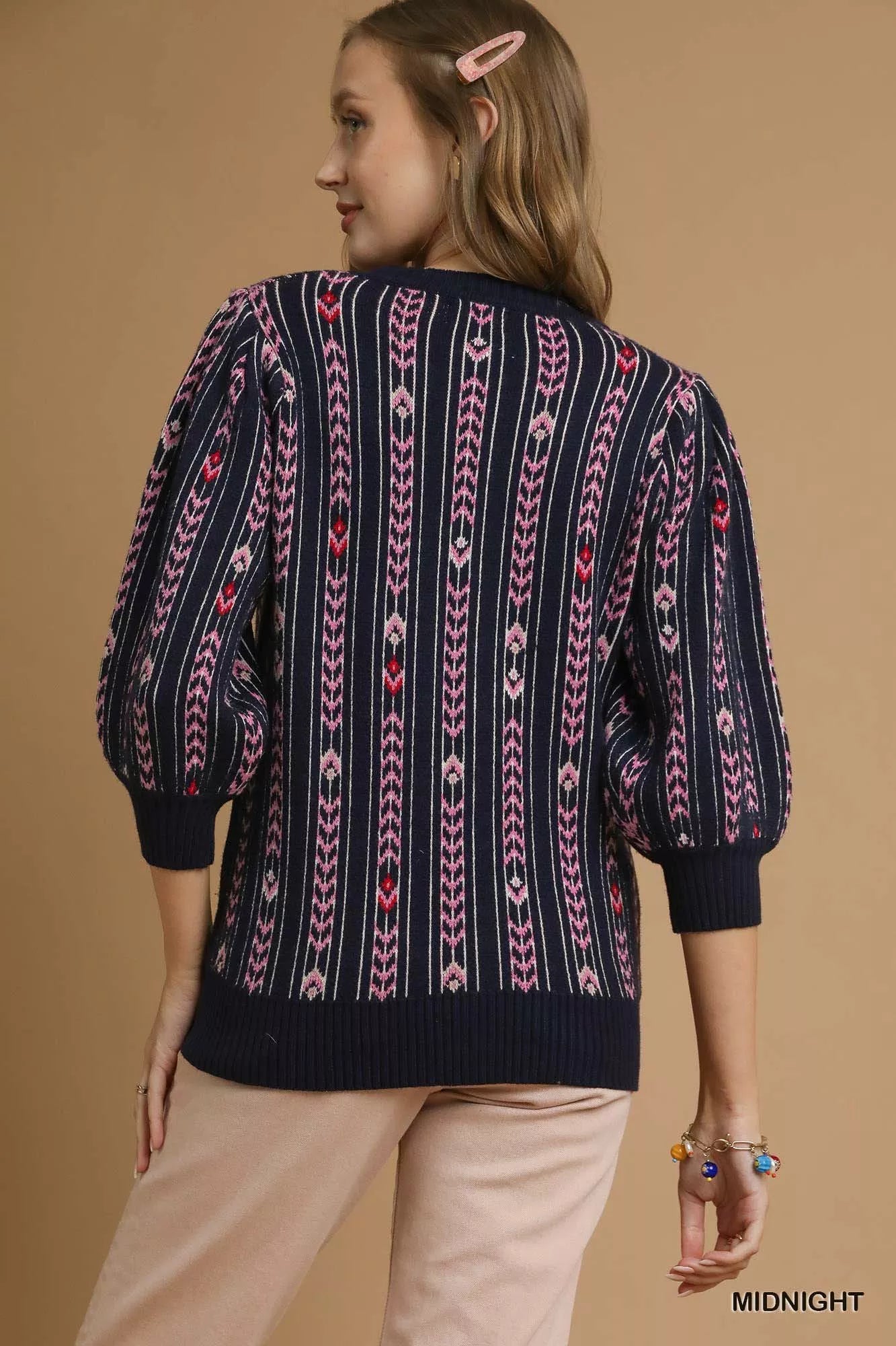 Umgee Jacquard Knit Puff Sleeve Sweater