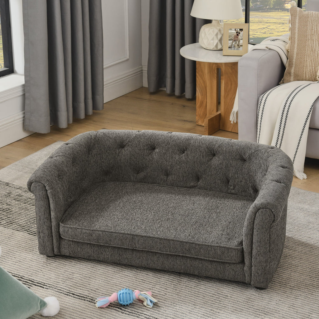 Pet sofa with arc-shaped backrest and armrests, contemporary rectangular pet sofa crafted from breathable linen  cozy soft cushion dog sofa --Dark grey