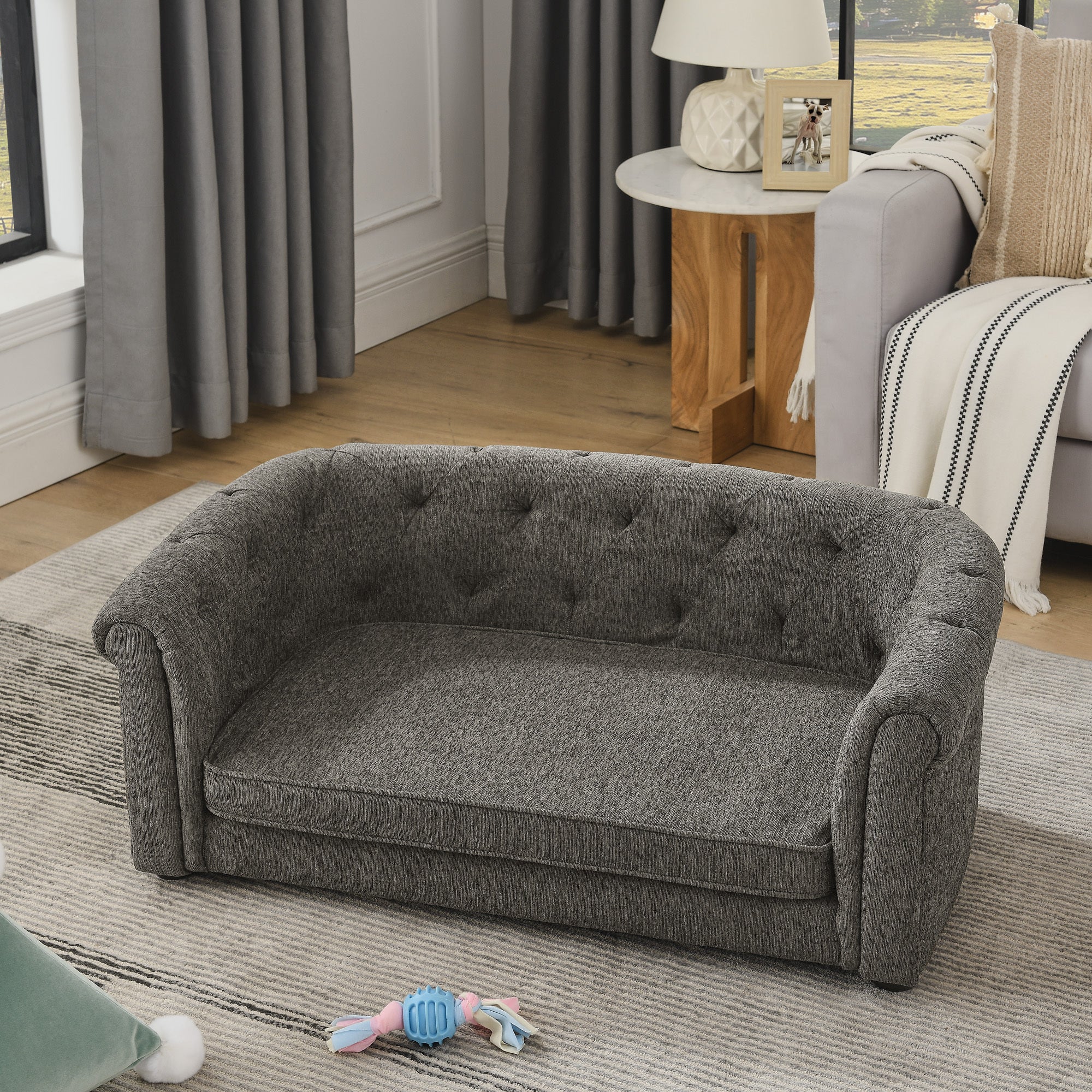 Pet sofa with arc-shaped backrest and armrests, contemporary rectangular pet sofa crafted from breathable linen  cozy soft cushion dog sofa --Dark grey