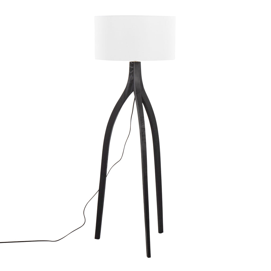 Wishbone Contemporary Floor Lamp in Black Wood with White Linen Shade by LumiSource