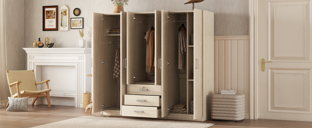 6-Doors Wooden Wardrobe Storage for Bedroom, with Big Drawers, Gray