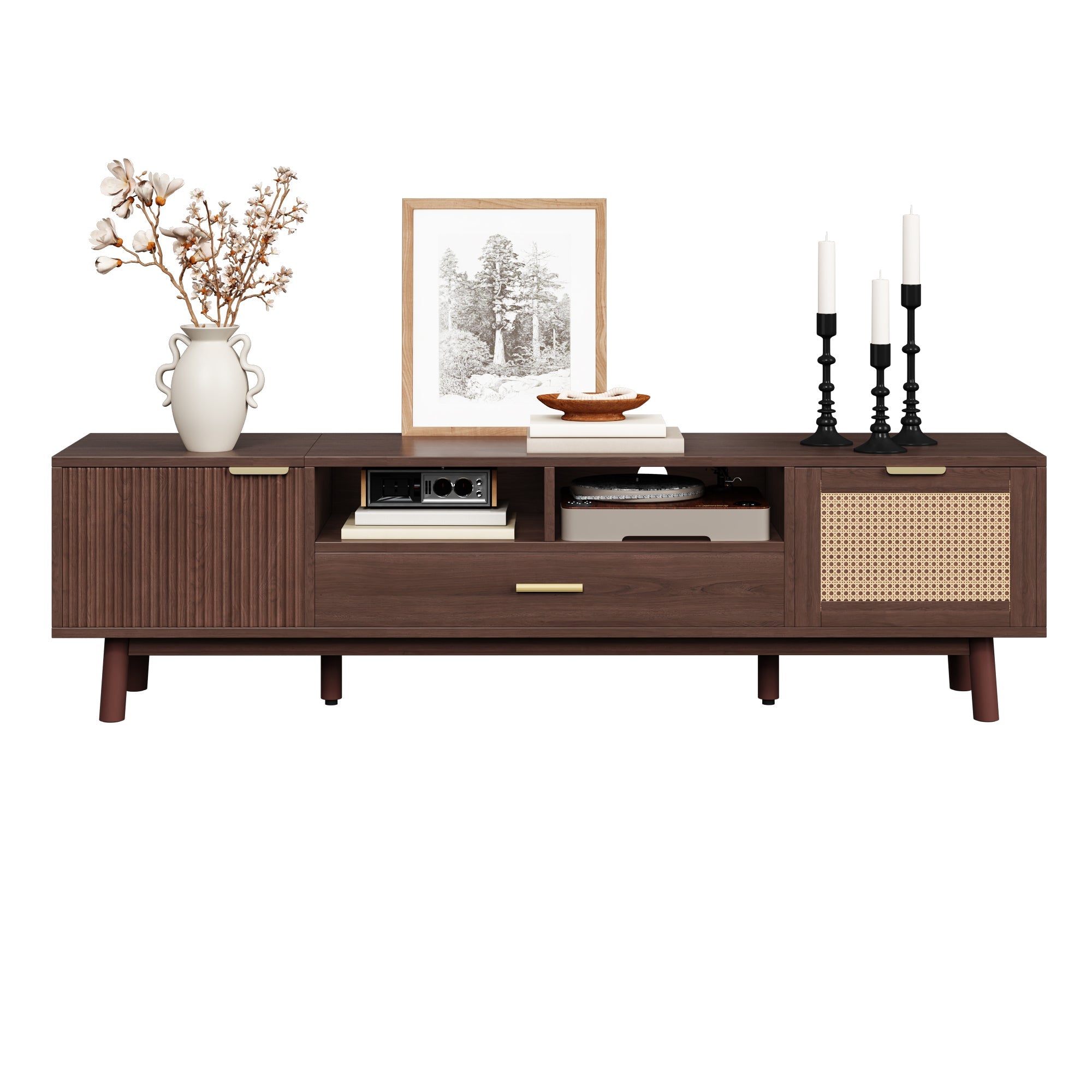 Wood Fashionable TV Stand for 75' TVs, TV Cabinet with Soft-Closing Door and Drop-Down Door Cabinet, Modern TV Consoles for Living Room, Bedroom