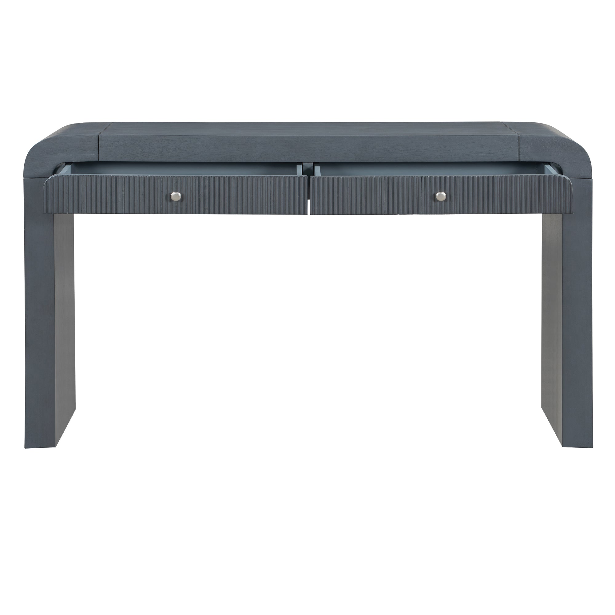 TREXM Rustic Console Table with Fluted Drawer Front, Entryway Table with Curved Corners & Thick Legs, Sturdy Sofa Table for Hallway & Living Room (Dark Navy)