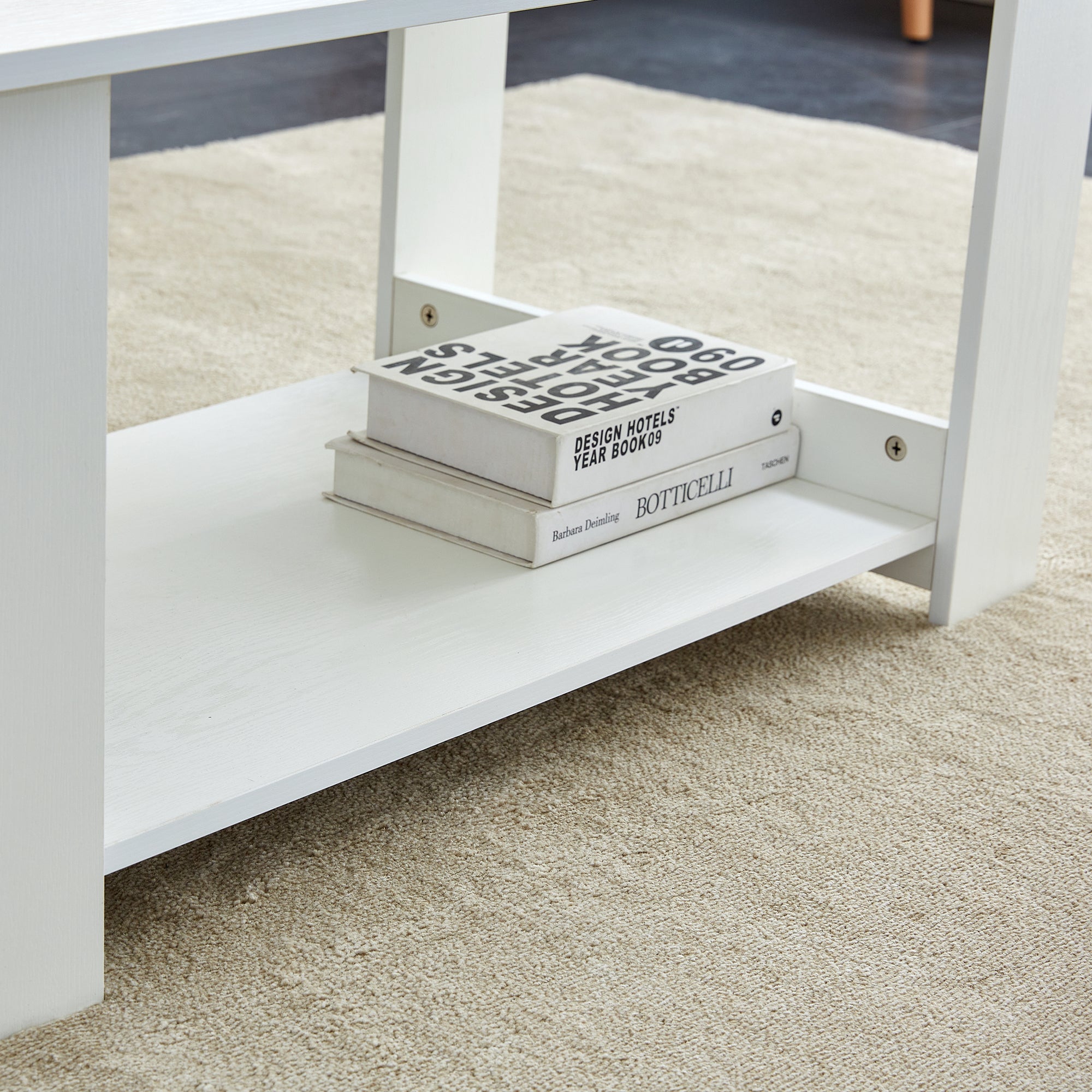 A modern and minimalist white double layered rectangular coffee table and coffee table. MDF material is more durable and suitable for living rooms, bedrooms, and study rooms. 19.6 "*35.4"*16.5 "CT-16