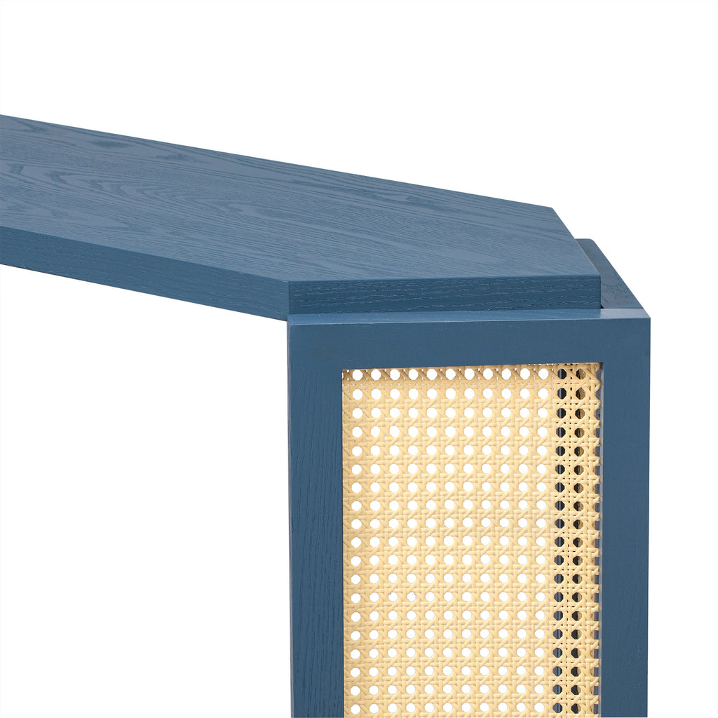 TREXM Narrow Console Table with Unique Irregular Top Design, Entryway Table with Open Shelf, Rattan Sofa Table for Living Room Hallway and Entrance (Antique Blue)