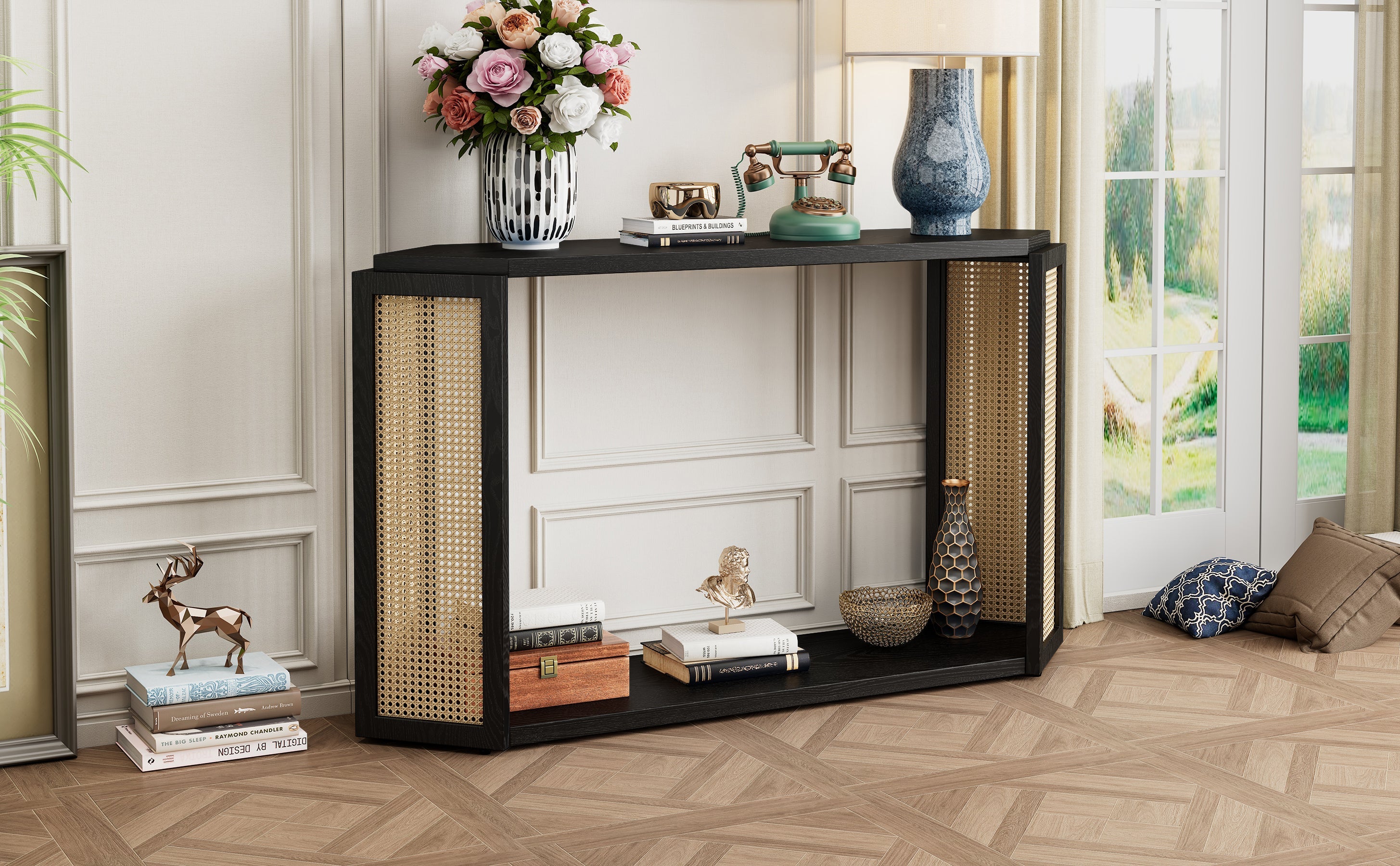 TREXM Narrow Console Table with Unique Irregular Top Design, Entryway Table with Open Shelf, Rattan Sofa Table for Living Room Hallway and Entrance (Black)