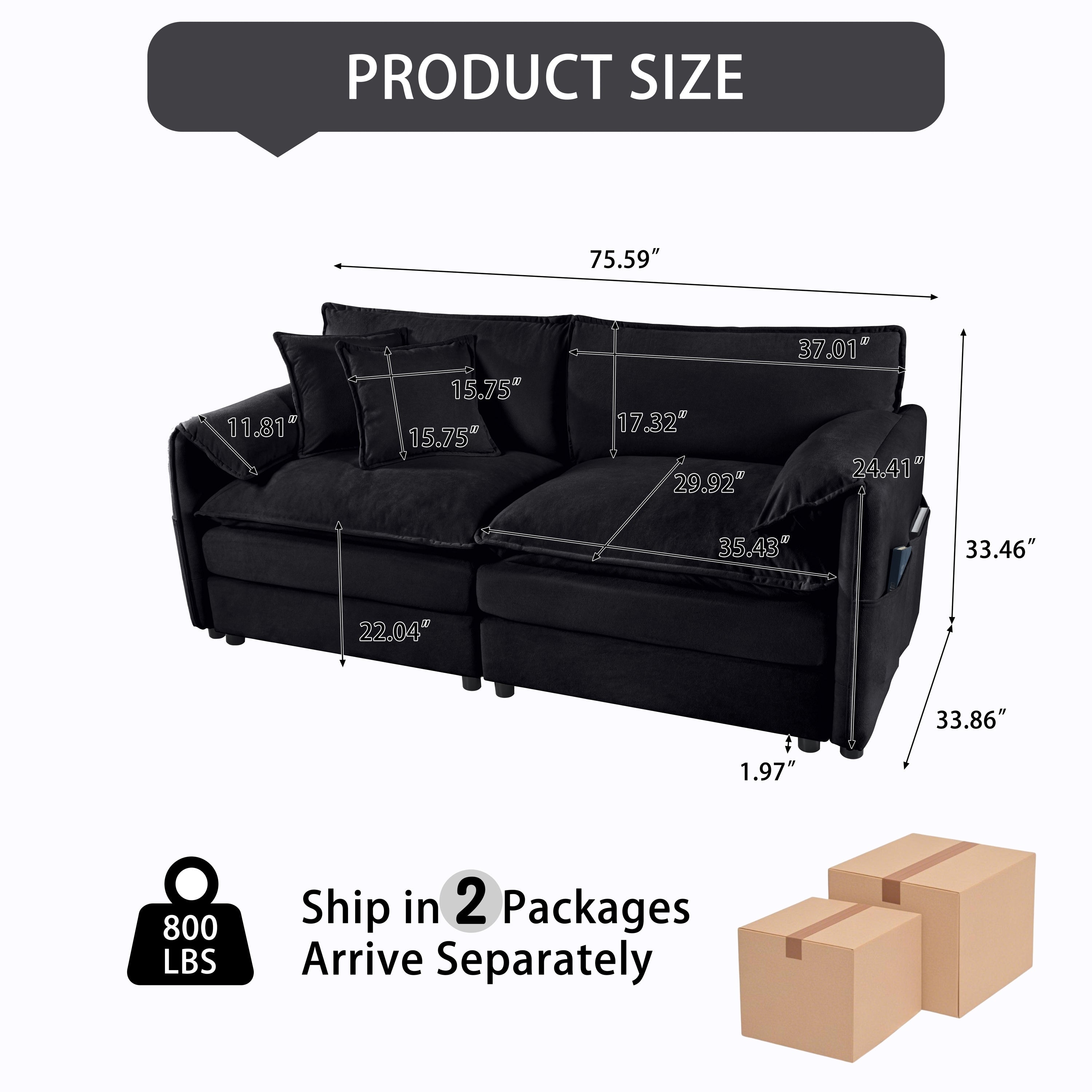 Oversized Chenille Loveseat Sofa, Oversized 2-Seater Small Cloud Couch, Modern Comfy Deep Seat Love Seat for Living Room Bedroom Office Apartment,DIY Combination,Black