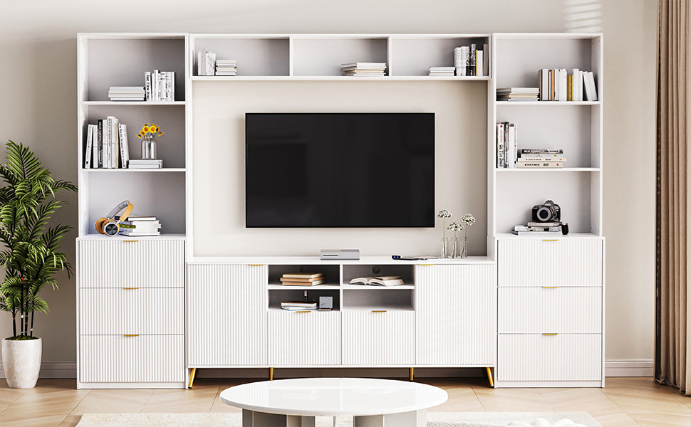 U-Can 4-Piece Entertainment Wall Unit with 13 shelves,8 Drawers and 2 Cabinets, Multifunctional TV Stand Media Storage Cabinet with Fluted Line Surface for Living Room, for TVs Up to 70'