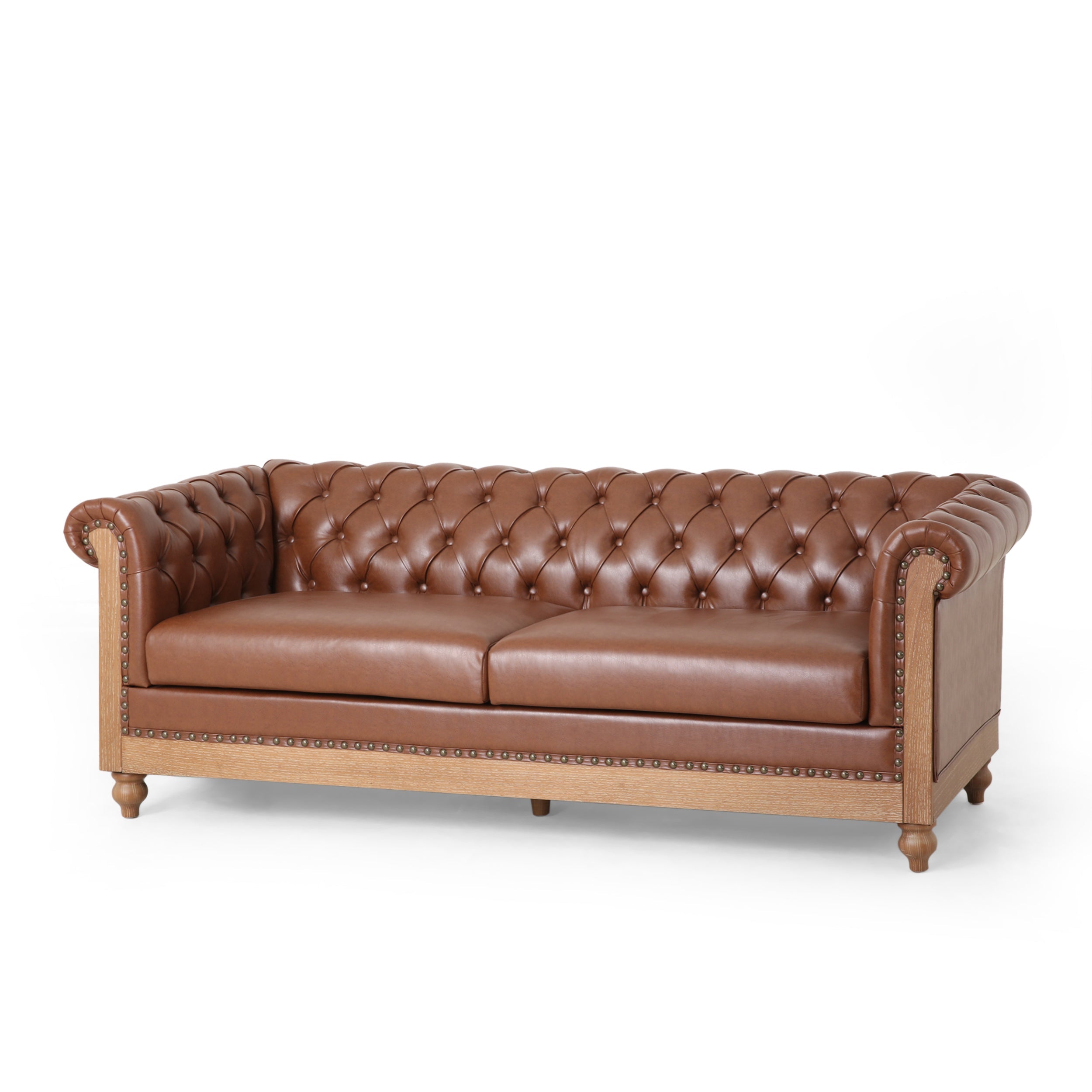 Mirod Comfy 3-Seat Sofa with Wooden Legs, Retro Style, Light Brown, PU, 78.75''Wx33.5''Dx28''H
