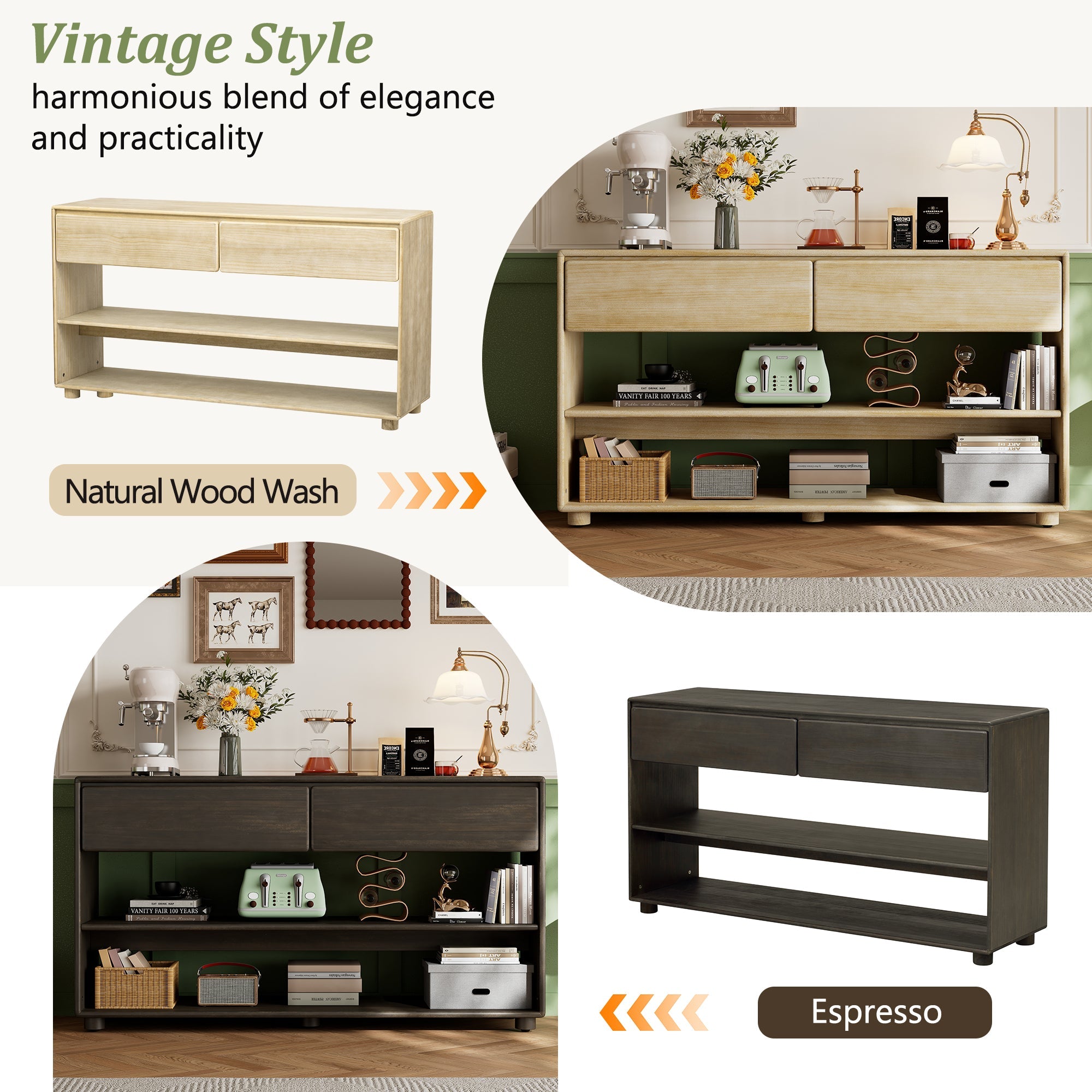 TREXM Console Table for Entryway, Vintage Entryway Table with Drawers and Shelves, Perfect Console Tables with Storage for Entryway, Hallway, Living Room (Espresso)