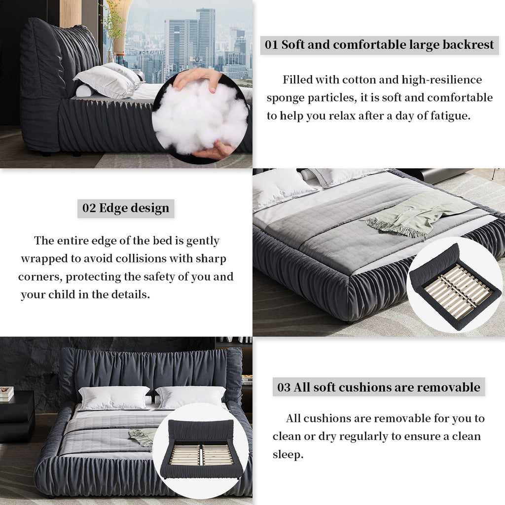 King Size Luxury Upholstered Platform Bed with Removable Cushion and Solid Wood Frame,suitable for Multiple heights of mattresses,DARK GREY