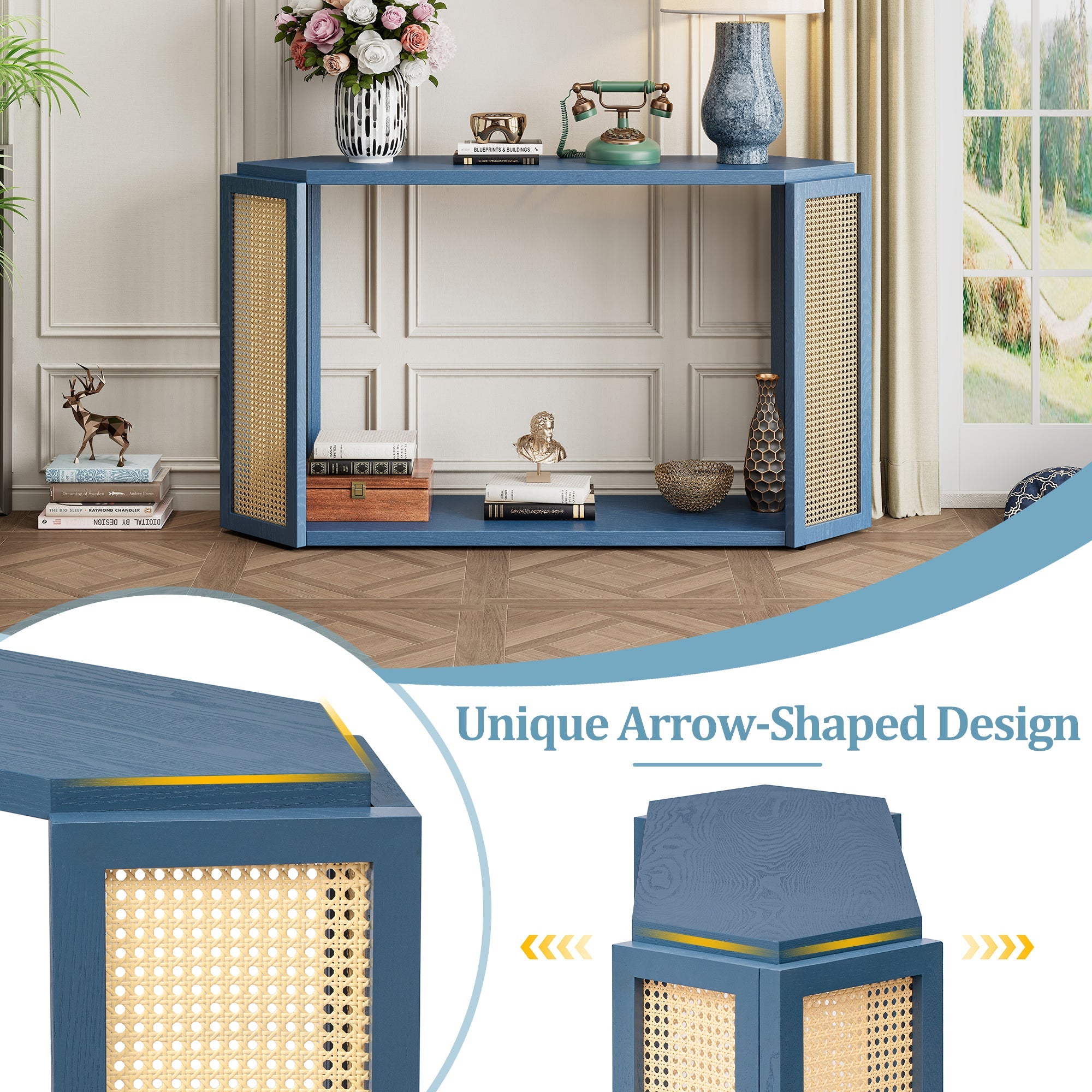 TREXM Narrow Console Table with Unique Irregular Top Design, Entryway Table with Open Shelf, Rattan Sofa Table for Living Room Hallway and Entrance (Antique Blue)