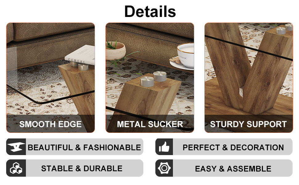 A modern minimalist style coffee table. Transparent tempered glass tabletop with wooden MDF columns. Suitable for living room and dining room.  CT-V