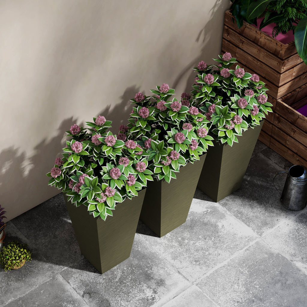 Outsunny 28' Tall Outdoor Planters, Set of 3 Large Taper Planters with Drainage Holes and Plug, Faux Wood Plastic Flower Pots for Outdoor, Indoor, Garden, Patio, Dark Brown