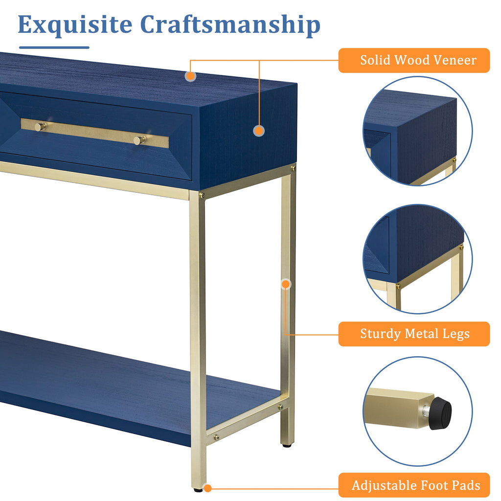 TREXM Entryway Table, Console Table with Two Drawers, Retro Hallway Table with Striking Geometric Design for Entryway and Living Room (Navy)