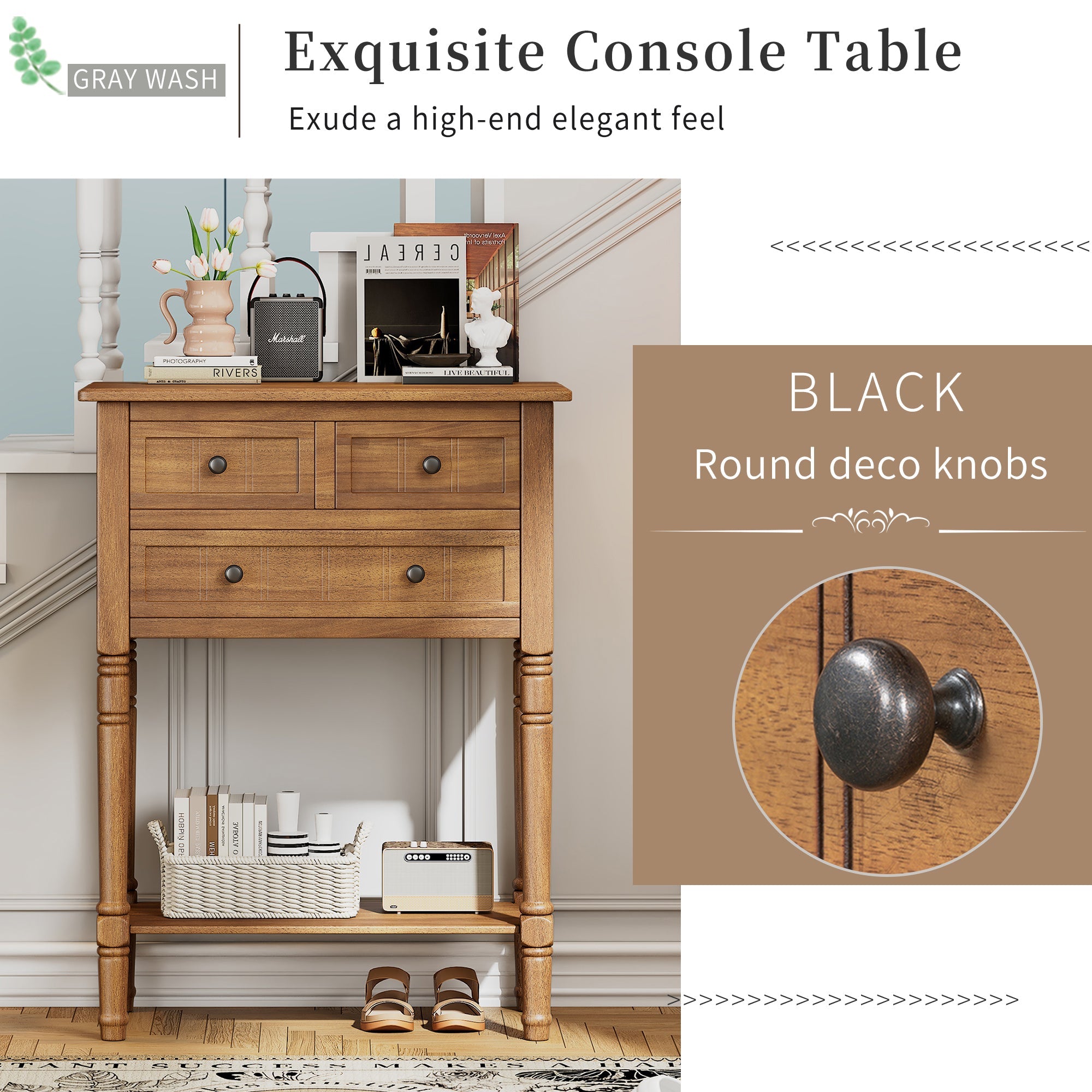 TREXM Narrow Console Table, Slim Sofa Table with Three Storage Drawers and Bottom Shelf (Natural)