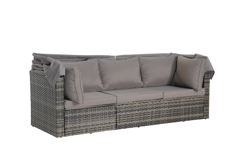 5 Pieces Outdoor Patio Wicker Daybed Furniture Set with Retractable Canopy, Storable Side Table, and Soft Cushions for Relaxing in Your Backyard or Porch