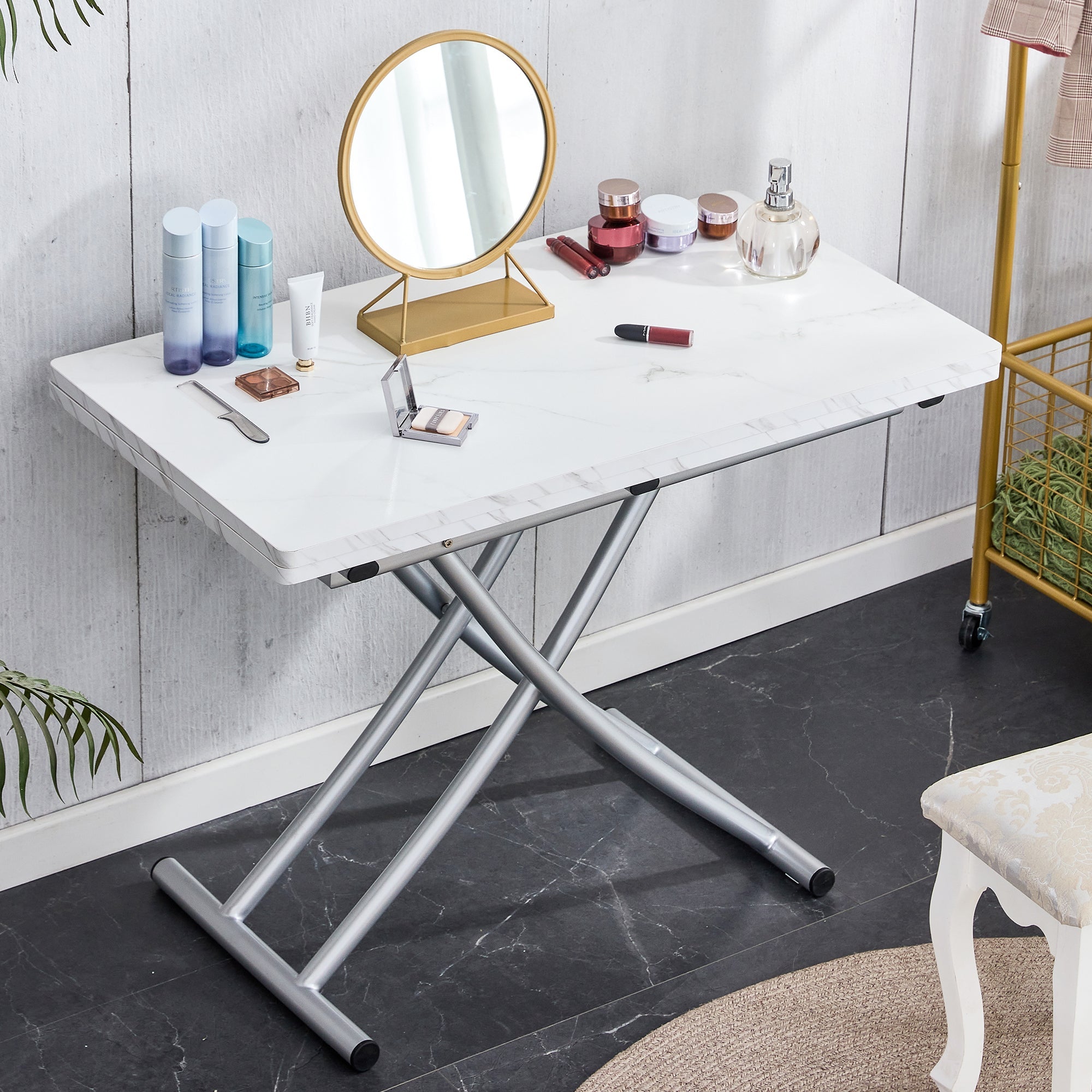 Modern minimalist multifunctional lift table with 0.8 inch MDF desktop and silver metal legs, can be used as a dressing table, coffee table, dining table, and office table
