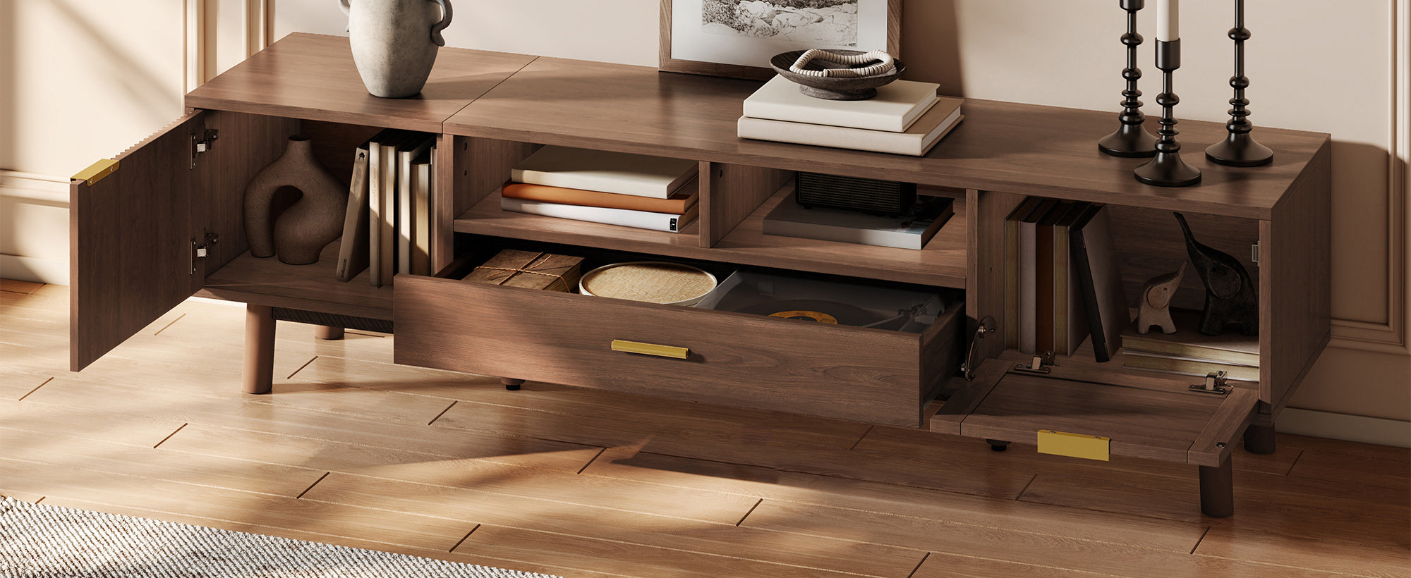 Wood Fashionable TV Stand for 75' TVs, TV Cabinet with Soft-Closing Door and Drop-Down Door Cabinet, Modern TV Consoles for Living Room, Bedroom