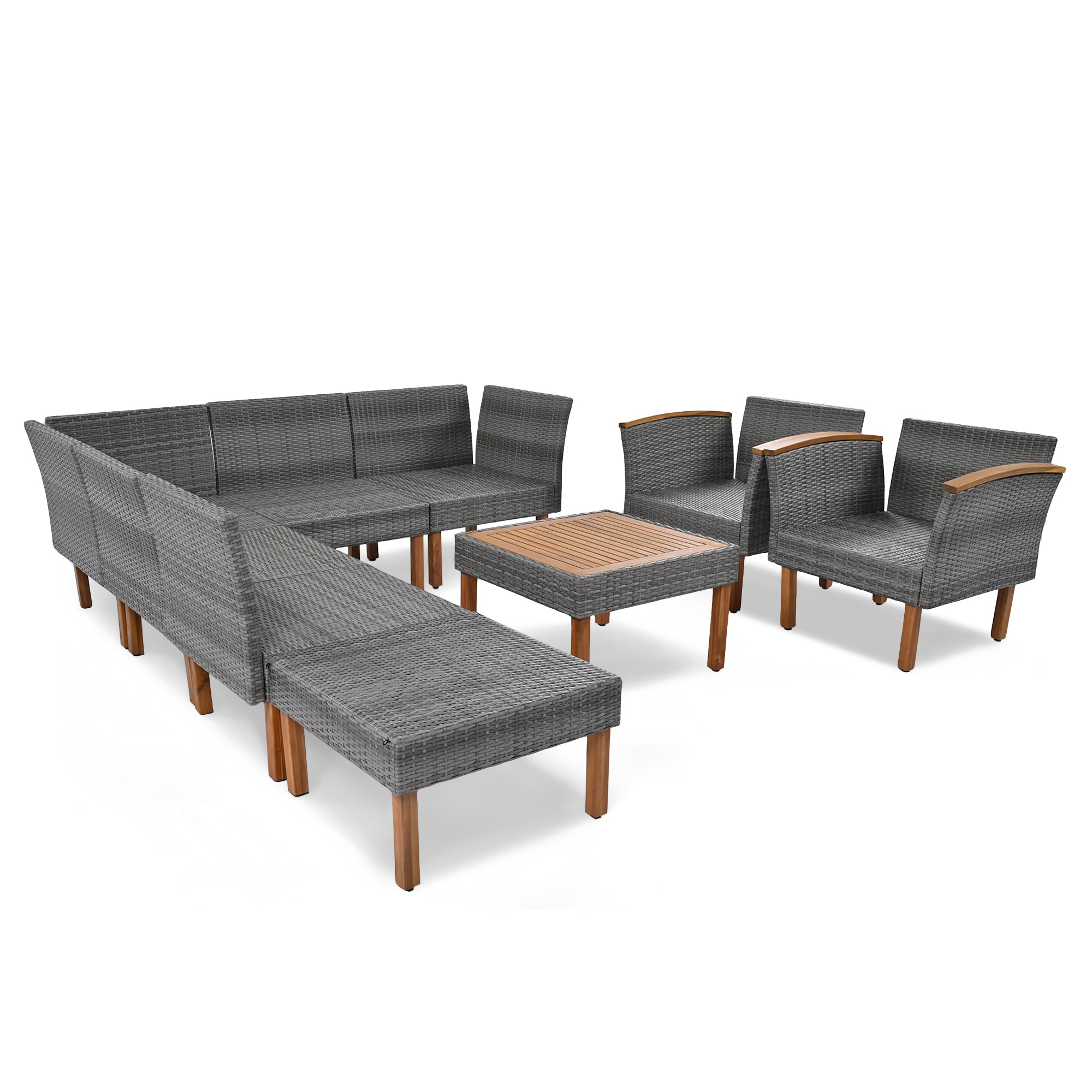 GO 9-Piece Patio Rattan Furniture Set, Outdoor Conversation Set With Acacia Wood Legs and Tabletop, PE Rattan Sectional Sofa Set with Coffee Table, Washable Cushion, Gray