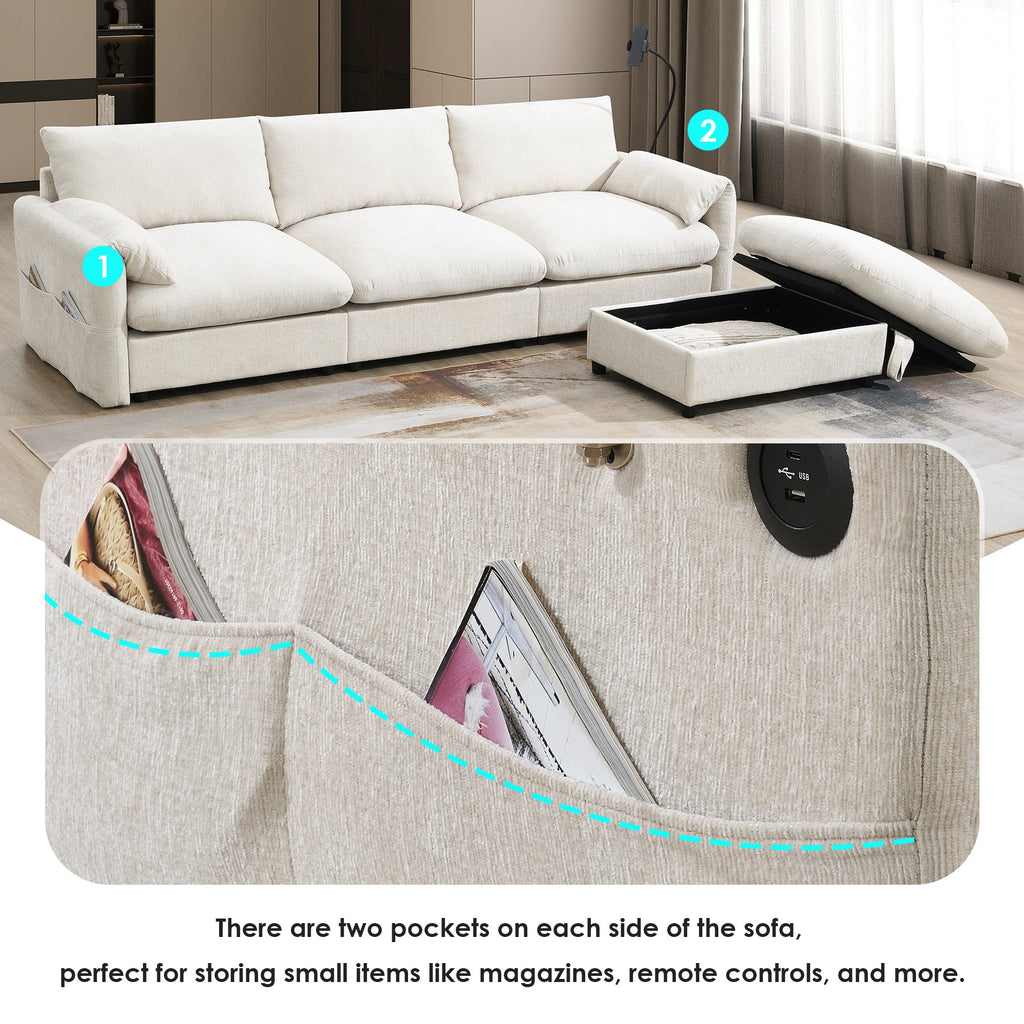 96.5'' Chenille Sectional Sofa with Storage Ottoman and Pockets,Adjustable Phone Holder,Wide Seat,4 Seat L Shaped Couch Set,Comfy Sofa with USB Charger for Living Room,Apartment,3 Colors