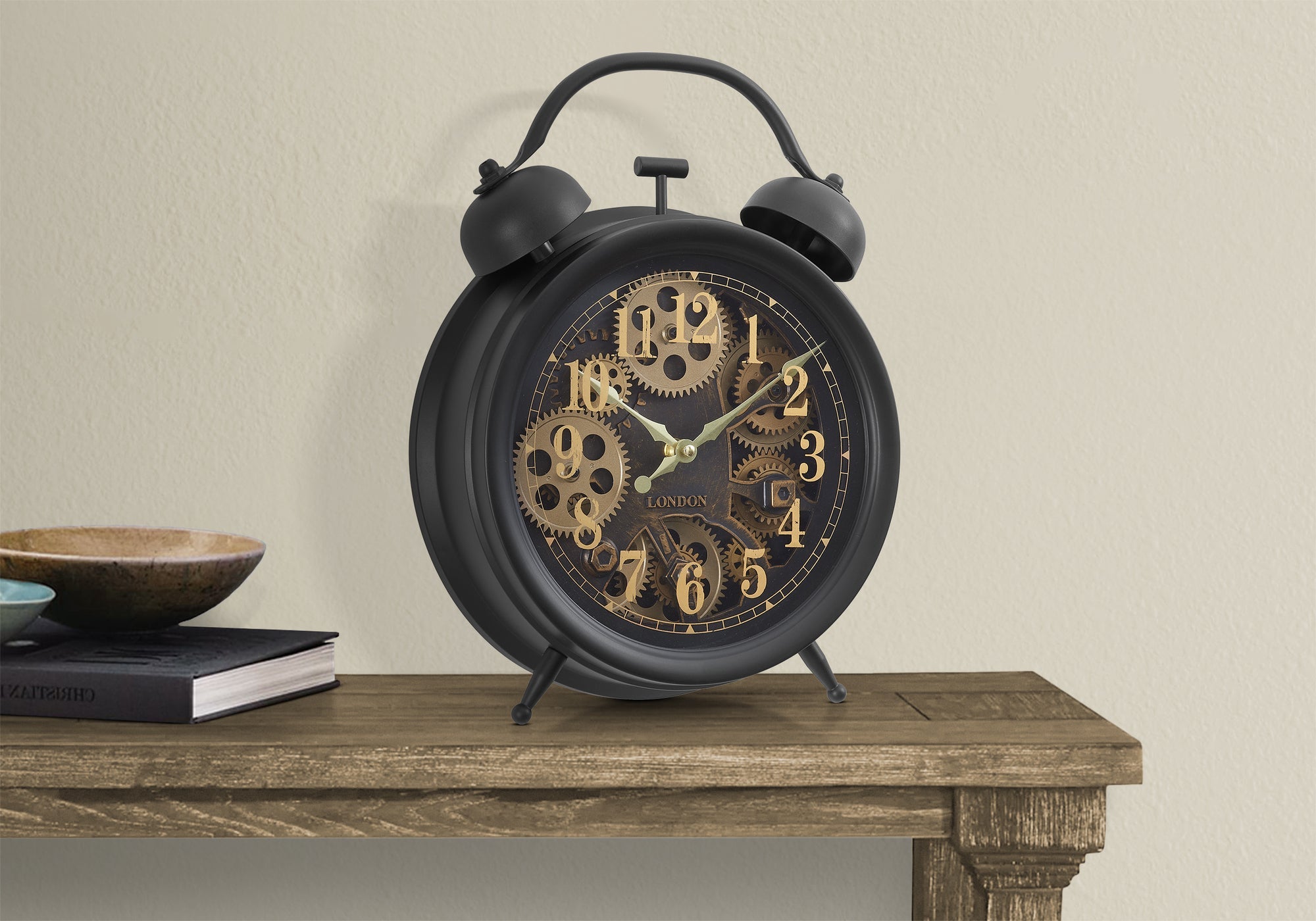 Clocks, 12' Round, Gear Mechanism, Table Clock, Brown, Transitional