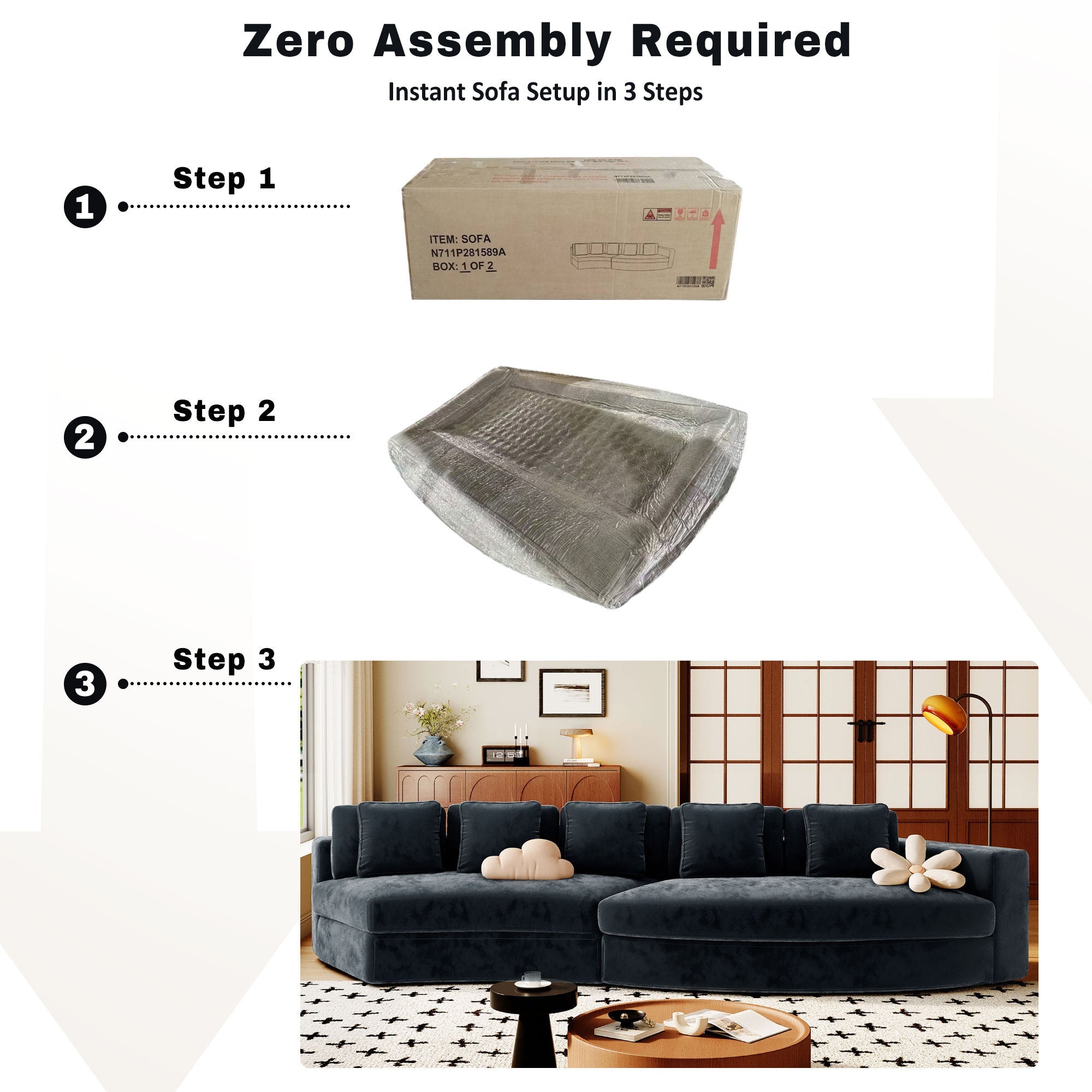 U_Style 115.7' Pure Foam Modular Sofa, 2-Piece Set with 5 Cushions, 4-Seater, Chenille Jacquard Fabric, Curved Design, No Assembly Required, Soft Upholstered Sofa for Living Room & Bedroom