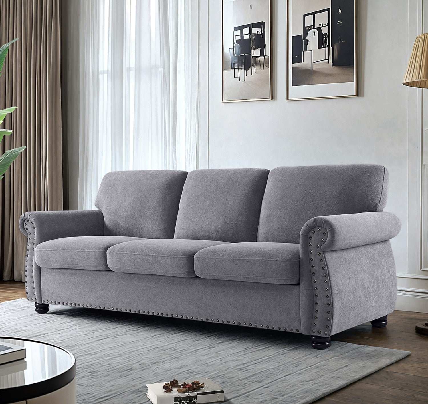 Soft Velvet Sofa, Upholstered 3 Seater Couch with High-Density Foam, Loose Back Cushions and Solid Wood Turned Legs, Chic Living Room Furniture for Home, Apartment and Office, Grey