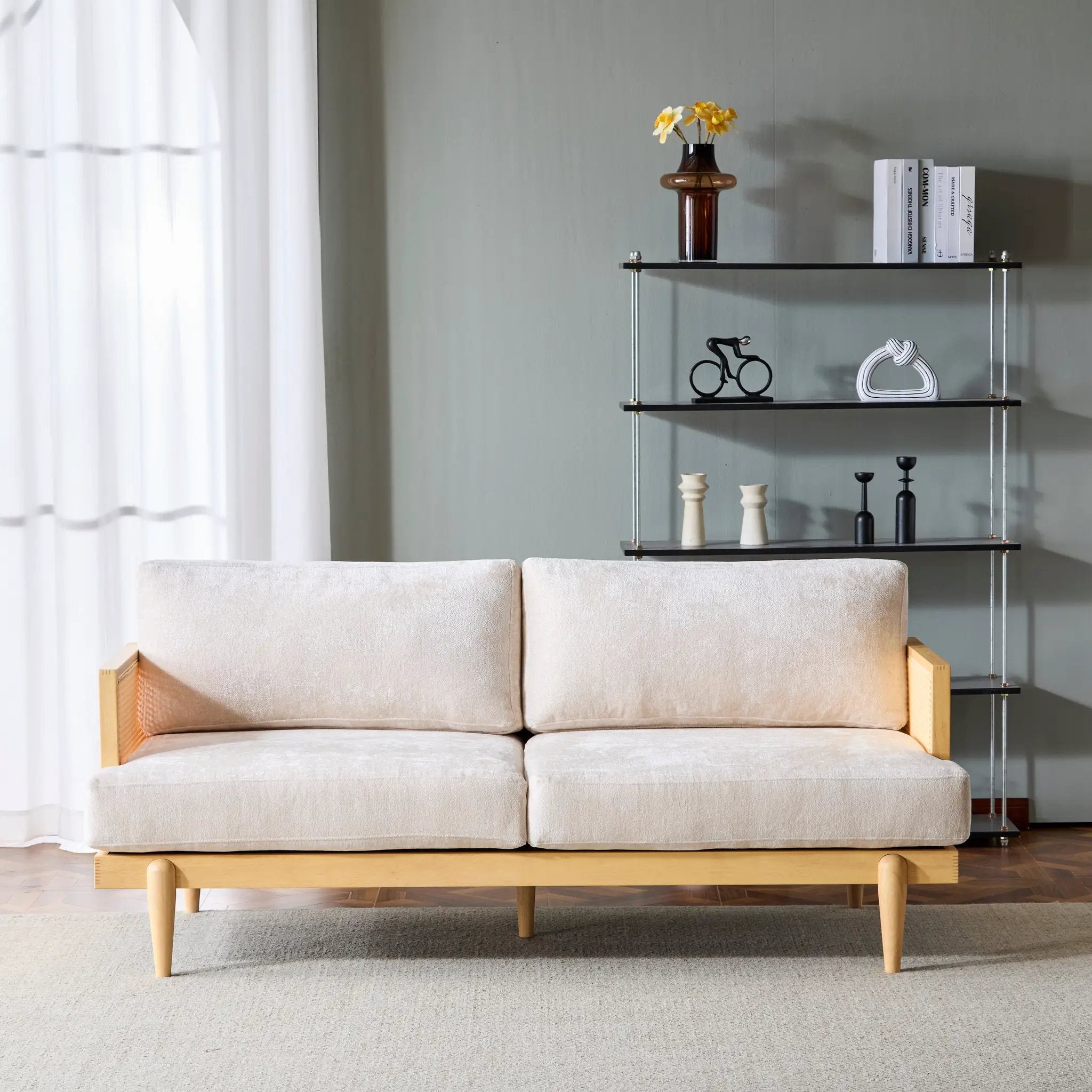 EMIR 72' Square Arm 3-Seater Sofa with Cane Rattan and Wooden Frame,Natural,,Living Rooms,Bedrooms,Apartment Office