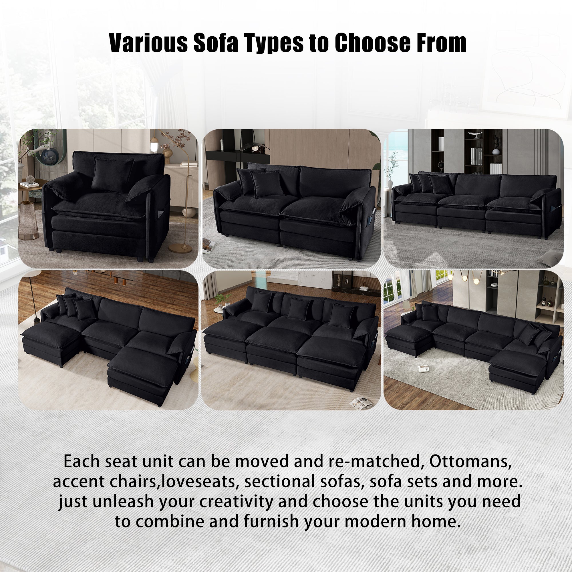 Oversized Deep Seat Sectional Cloud Sofa Sleeper with 3 Ottomans & Soft Pillows, Modular Couch Bed for Living Room, Apartment, DIY Combination Chenille,Black