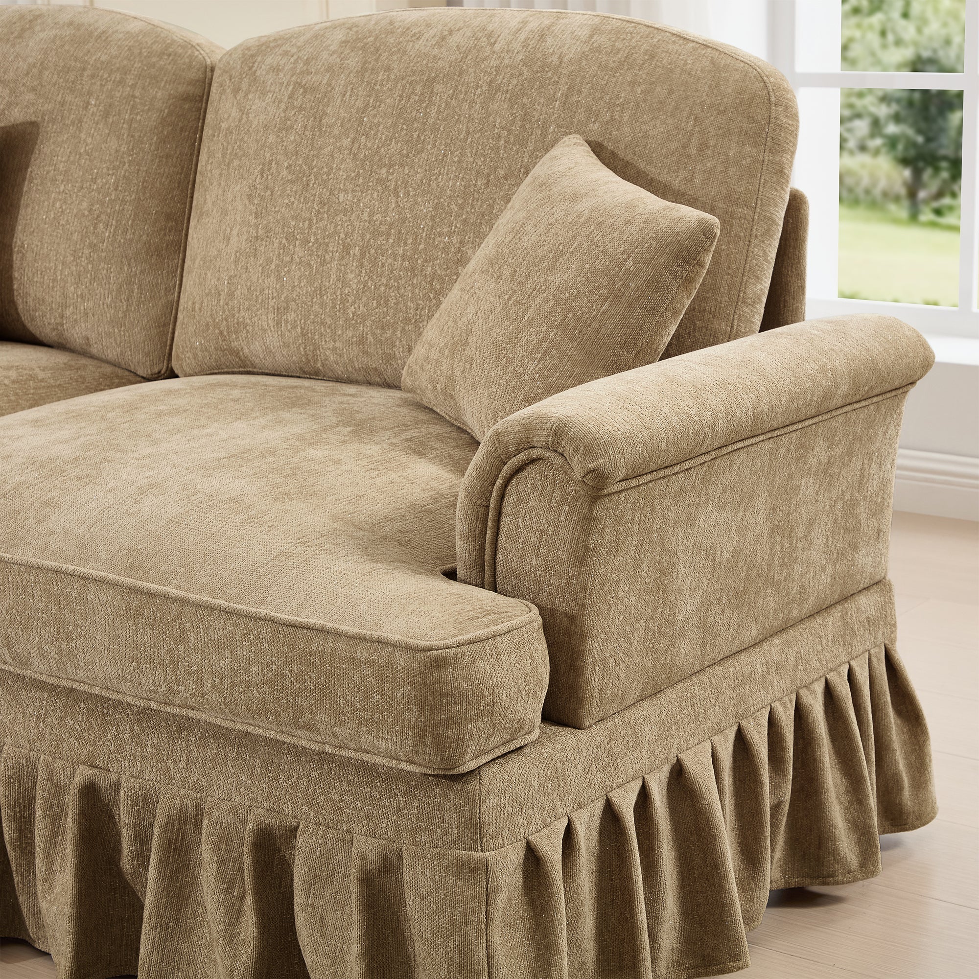 Mid Century Three Seater Modular L Shaped Sectional Couch with Flared Arms and Removable Ruffles Pleats Skirts and Spindle Legs, Comfy Chenille 3-Seat Deep Seat Sofa with Movable Ottoman,Light Coffee