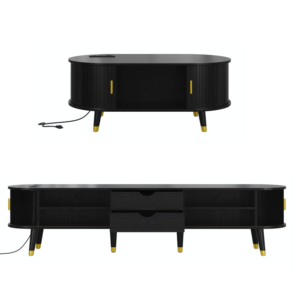 Wooden Farmhouse TV Stand & Coffee Table Set with Charging Station, Oval Fluted Media Console with Sliding Doors for TVs up to 80', Mid-Century Center Table with Solid Wood Legs for Living Room,Black