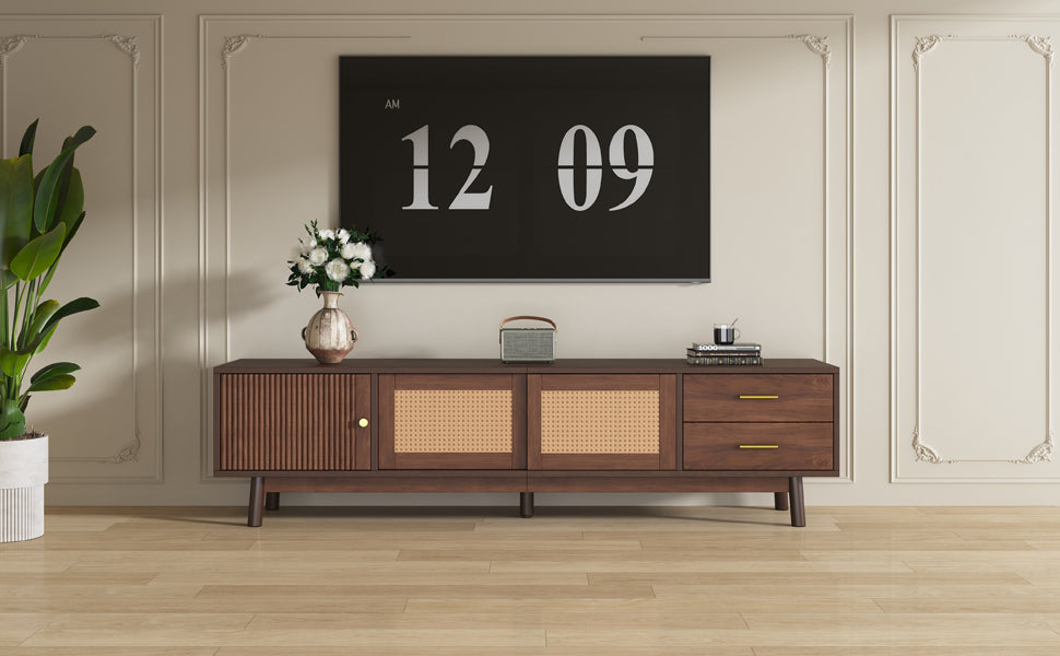 Mid Century Modern TV Stand for 80' TVs, Entertainment Center with Sliding Doors and Drawers, TV Table with Storage for Living Room, Bedroom