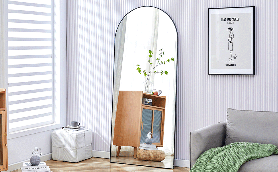 The 4th generation floor standing full-length rearview mirror. Black metal framed arched wall mirror, bathroom makeup mirror, floor standing mirror with bracket. Black 71 "* 31"  AM