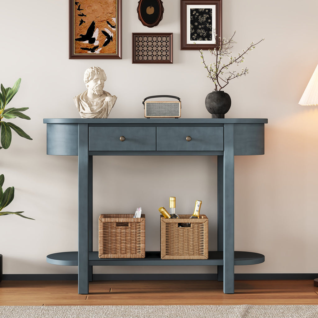 TREXM Elegant Retro Console Table with Curved Design and Smooth Glaze for Entryways, Living Rooms and hallways (Navy)