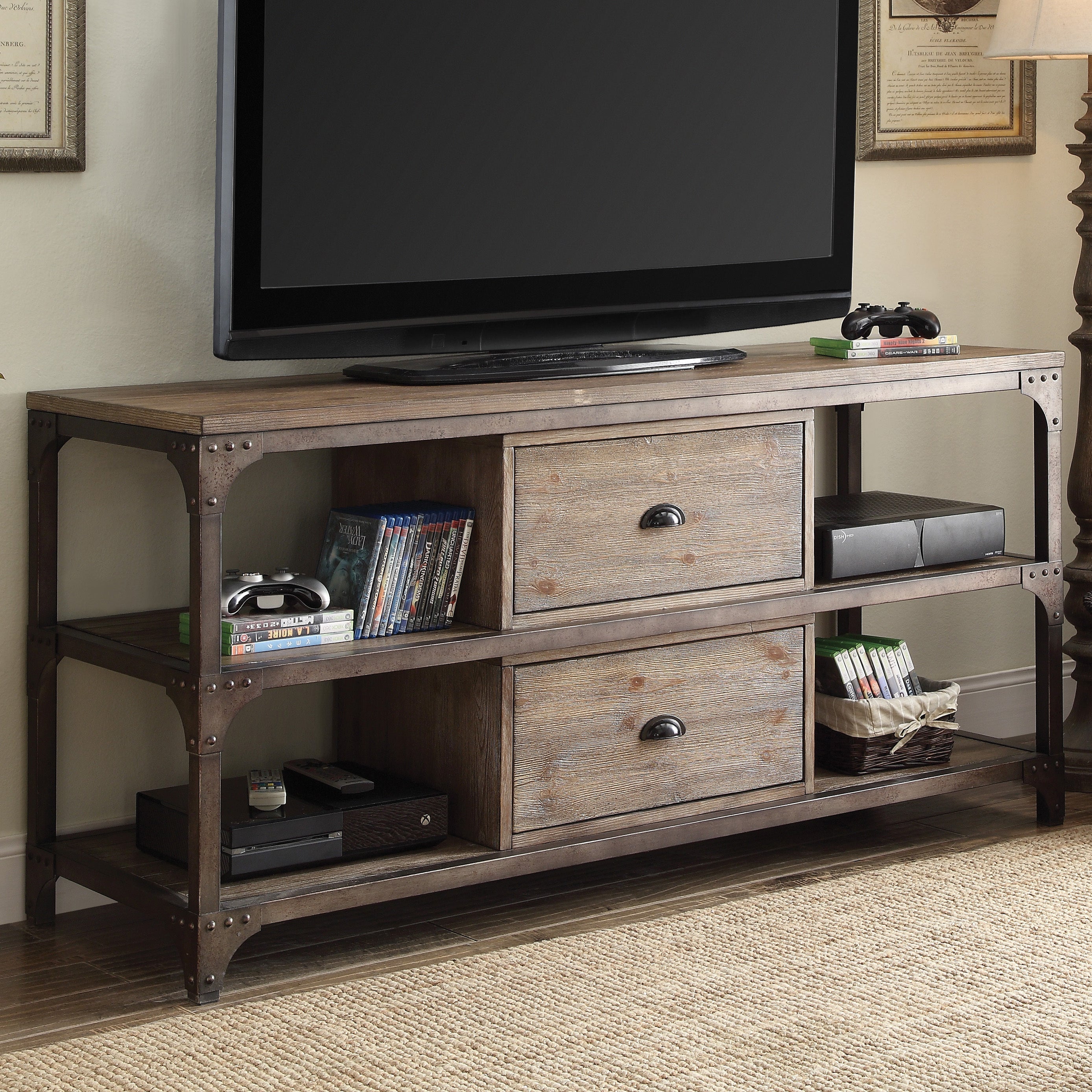 Weathered Oak and Antique Silver 4-Shelf TV Stand
