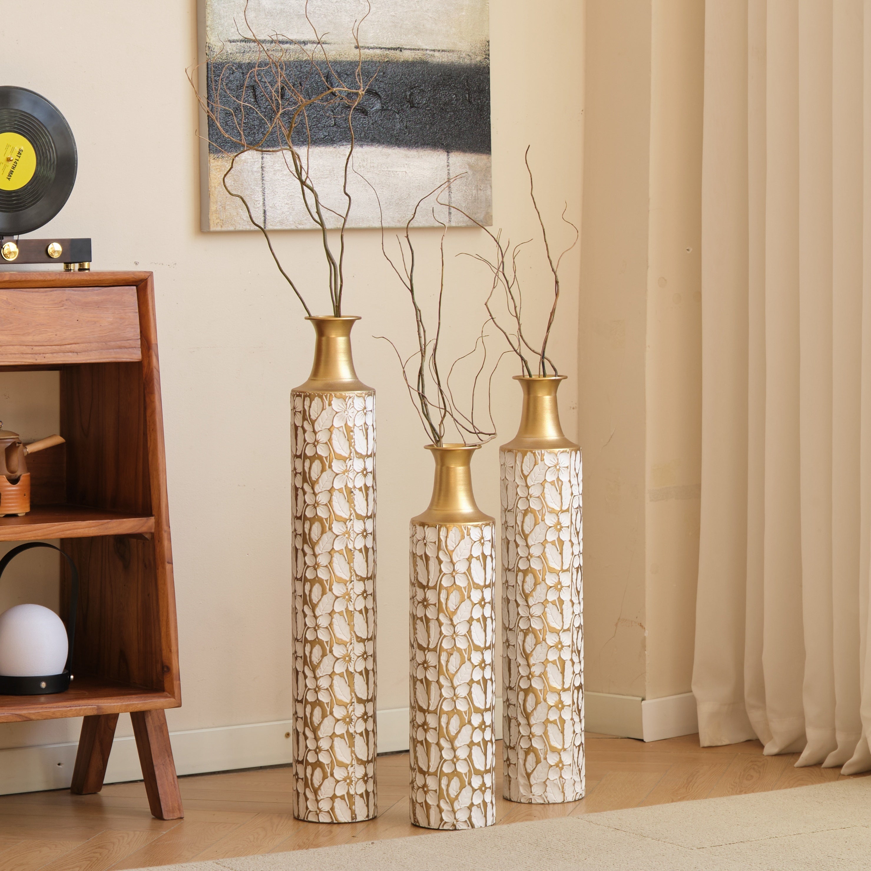 Floor Vases Gold Large Vases - 32/28/24-Inch Decorative High Vases Set of 3 for Home Décor Vintage Large Vases Representing Twigs, Twigs Dried Flowers Living Room Antique Worn Vases
