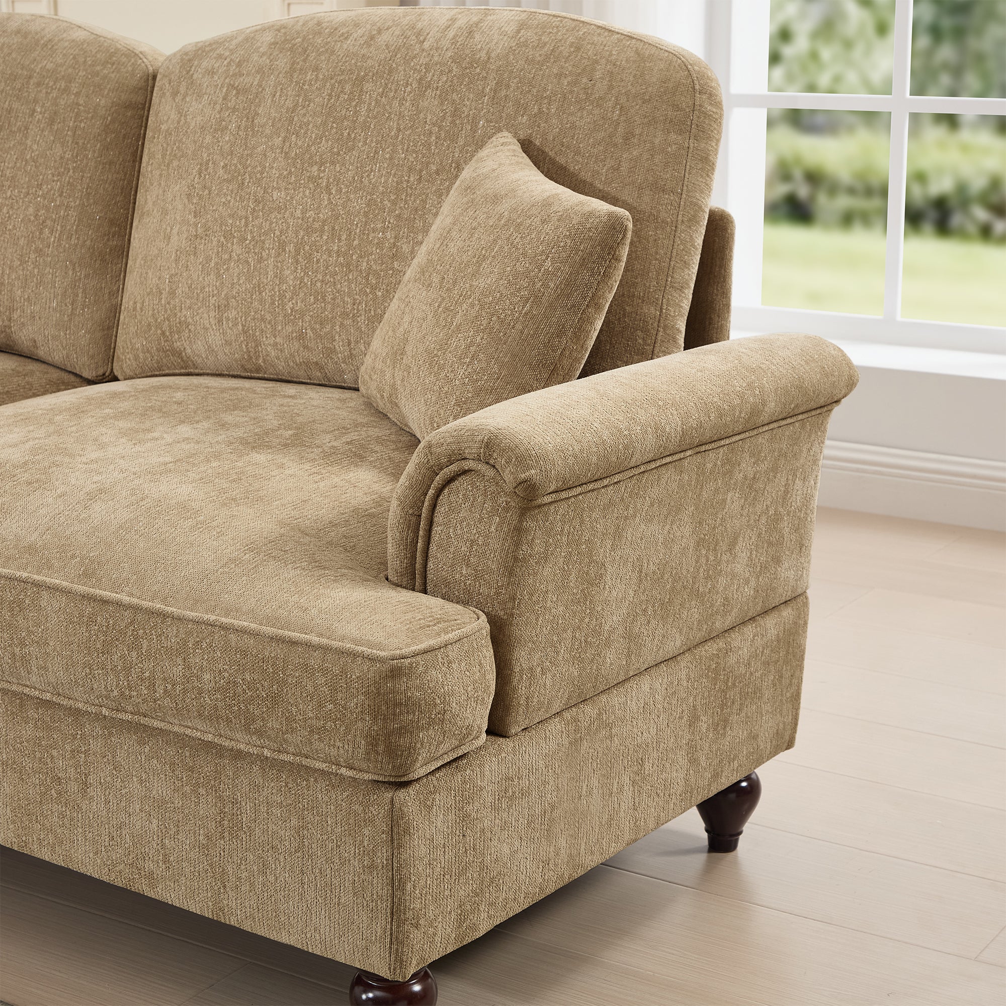 Classic 2 Piece Modular Couch Living Room Sofa Set with Flared Arms and Removable Ruffles Pleats Skirts and Spindle Legs, 3 Seater Sofa + 2-Seat Loveseat Sofa Sets for Living Room, Light Coffee
