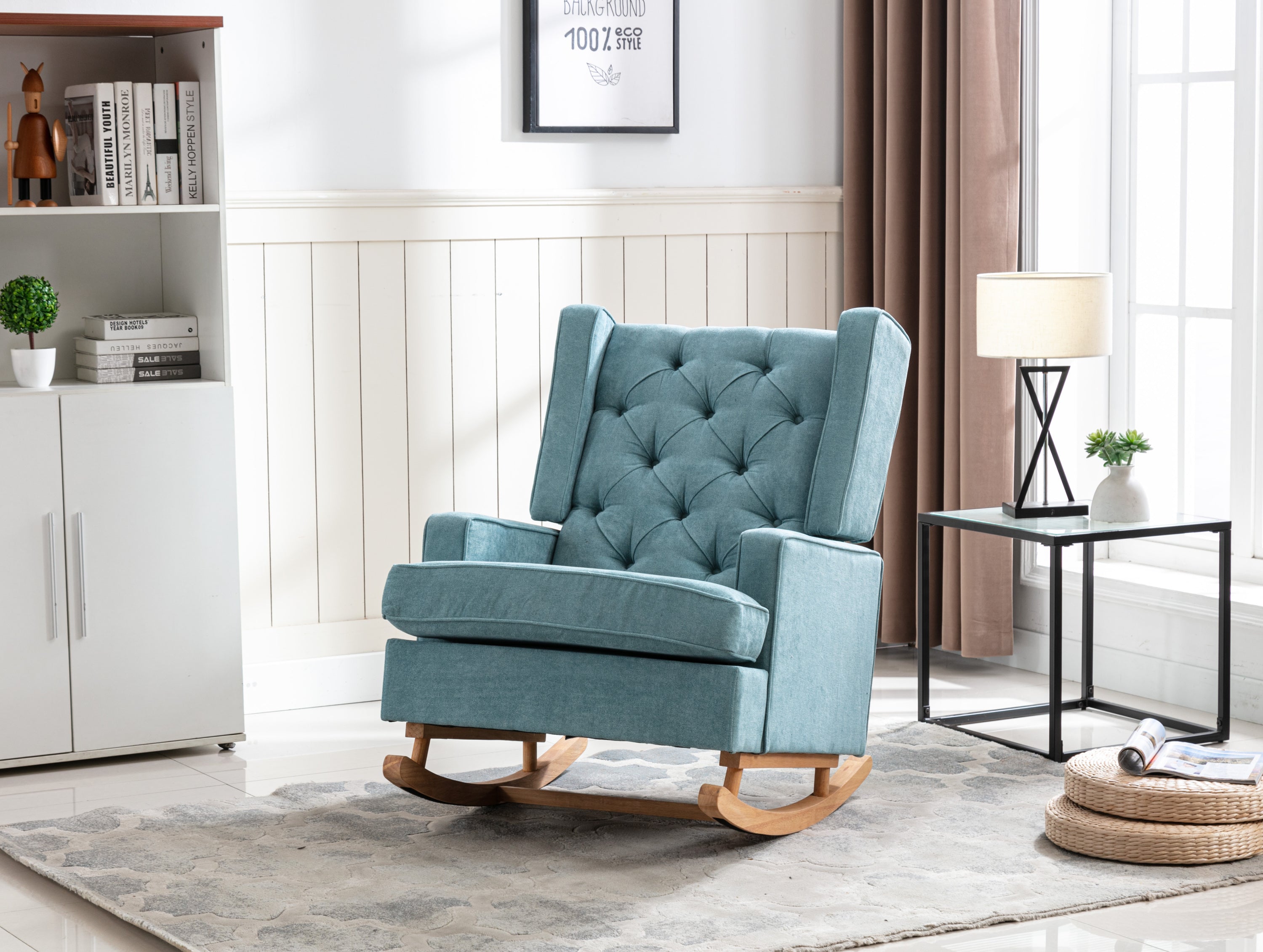 COOLMORE Nursery Rocking Chair Upholstered Mid Century Modern Rocker Oversized Armchair for Living Room with Solid Wood Base (Mint Green)