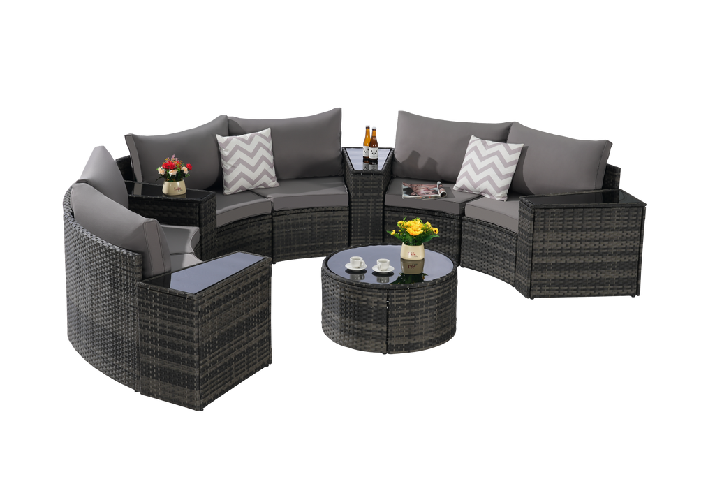 Outdoor Patio Furniture 11-Piece Half-Moon Sectional Round Patio Furniture Set Sofa with Tempered Glass Round Coffee Table