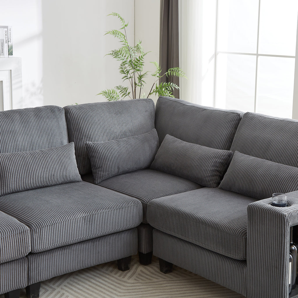 102.75*102.75' L-Shaped Modular Sectional Sofa, Modern Corduroy Sectional Sofa, Arm with Storage With Cup Holder 5-Seat Convertible Sectional Sofa for Living Room, Bedroom, Lounge and Projection Room