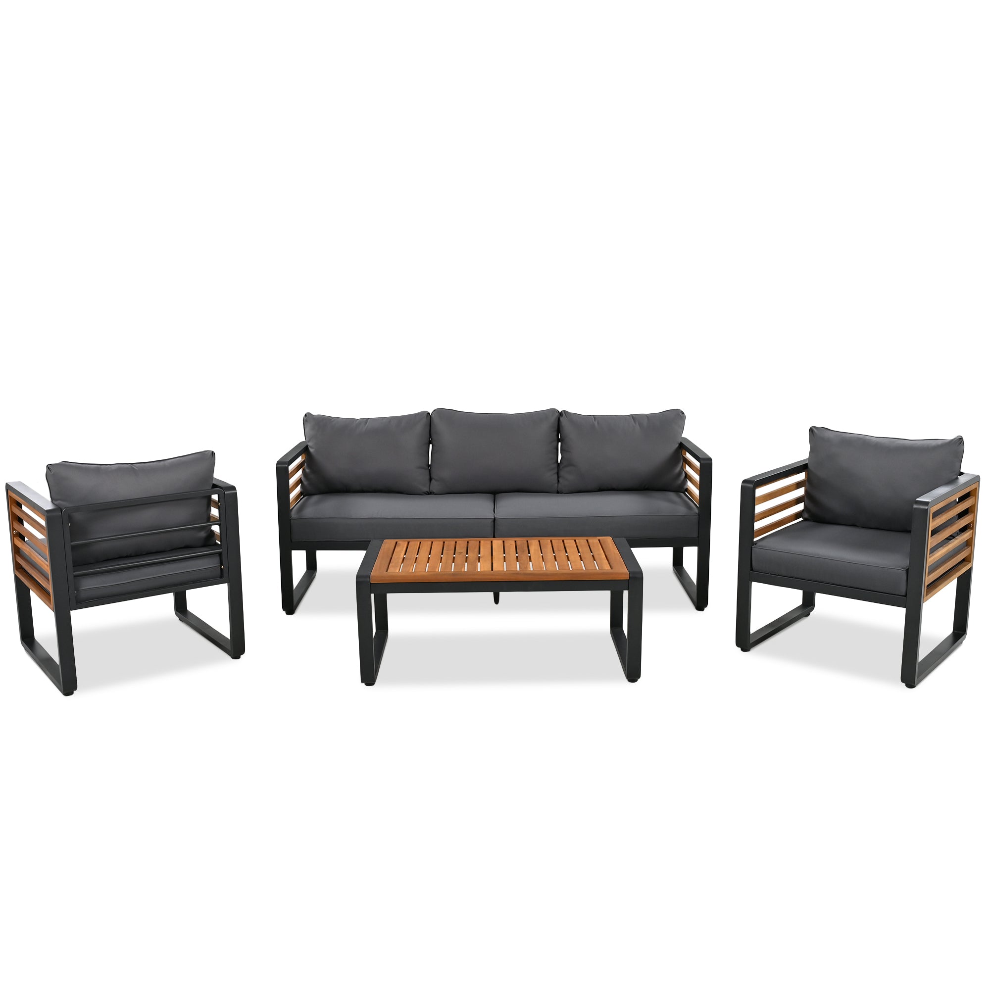 GO Large Size 4-pieces Outdoor Furniture sofa for 5 Person Conversation Set, Garden Sofa Set With Removable Cushion, Metal And Wood Frame Sofa set, Thick Cushions, Acacia Wood Tabletop, Gray